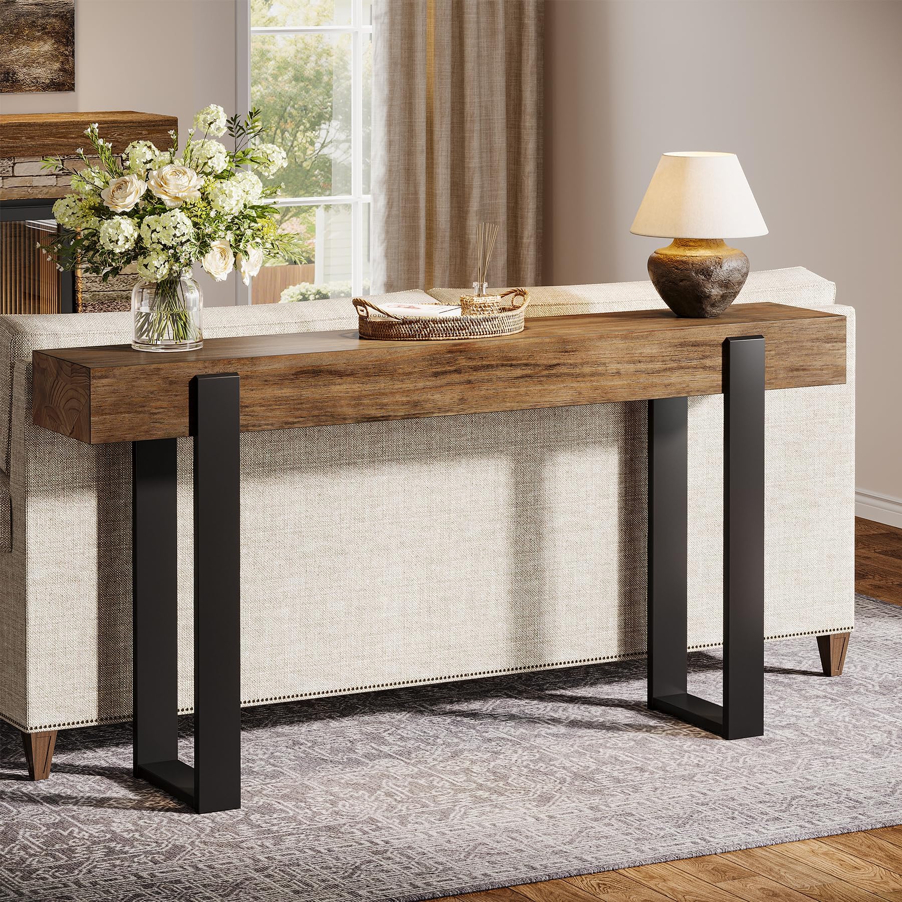 Tribesigns Konsolentisch Massivholz, 160 cm, mit Metallgestell, ideal für die Couch, Eingangsbereich, Flur im Landhausstil, rustikales Braun & Schwarz