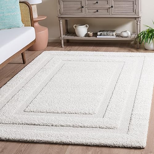 SAFAVIEH Florida Shag Collection Area Rug - 6'7" Square, Creme & Creme, Border Design, Non-Shedding & Easy Care, 1.2-inch Thick Ideal for High Traffic Areas in Living Room, Bedroom (SG454-1111)