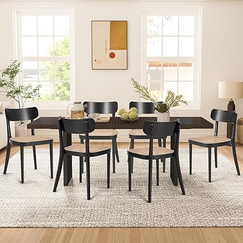 Miniatura 11 de AVAWING Juego de 4 sillas de comedor de caña de granja, sillas de madera de mediados de siglo con asiento y respaldo curvado para cocina,