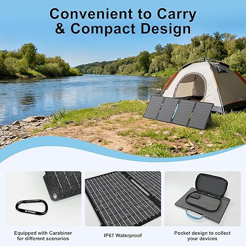 Miniatura 4 de Paneles solares portátiles de 60 W cargadores con salidas USB-C, USB-A y CC, panel solar impermeable IP67 plegable para camping, emergencia