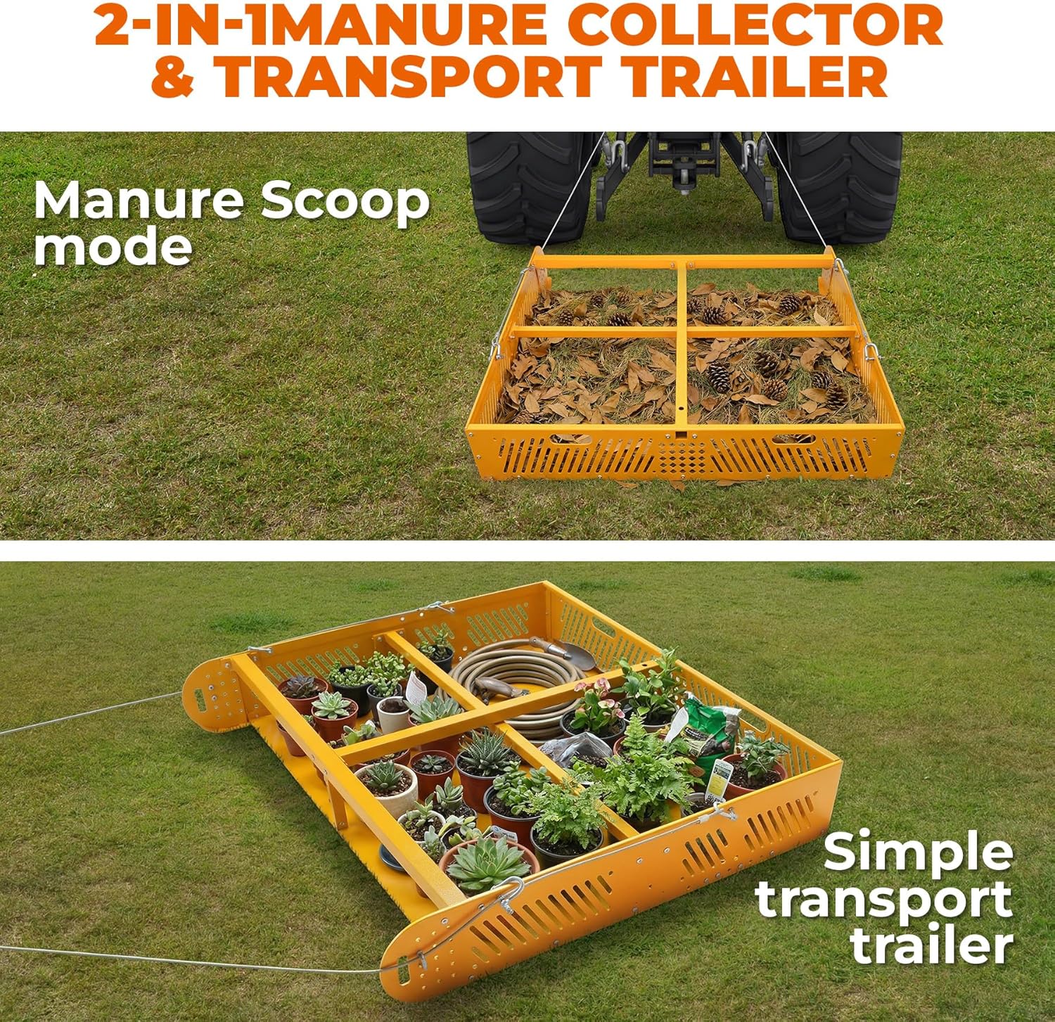 POPMOON 2-in-1 Horse Paddock Cleaner, Manure Fork & Tow Behind Trailer, Heavy Duty Manure Fork & Scoop,Yard Sweeper for Horse Manure - Heavy Duty Drag Manure Collector for Paddock
