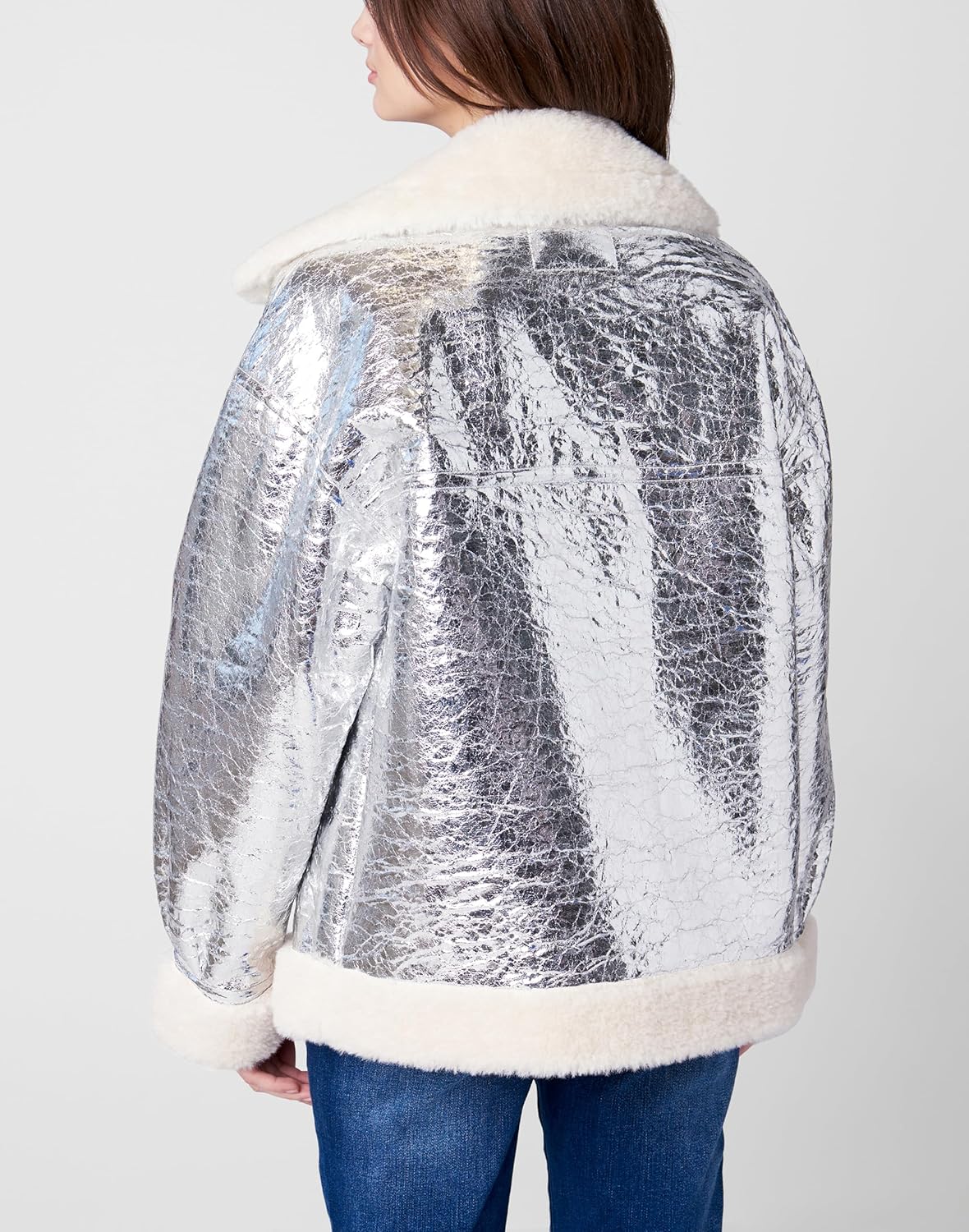 [BLANKNYC] womens Metallic Vegan Leather Bonded Moto Jacket - Image 2