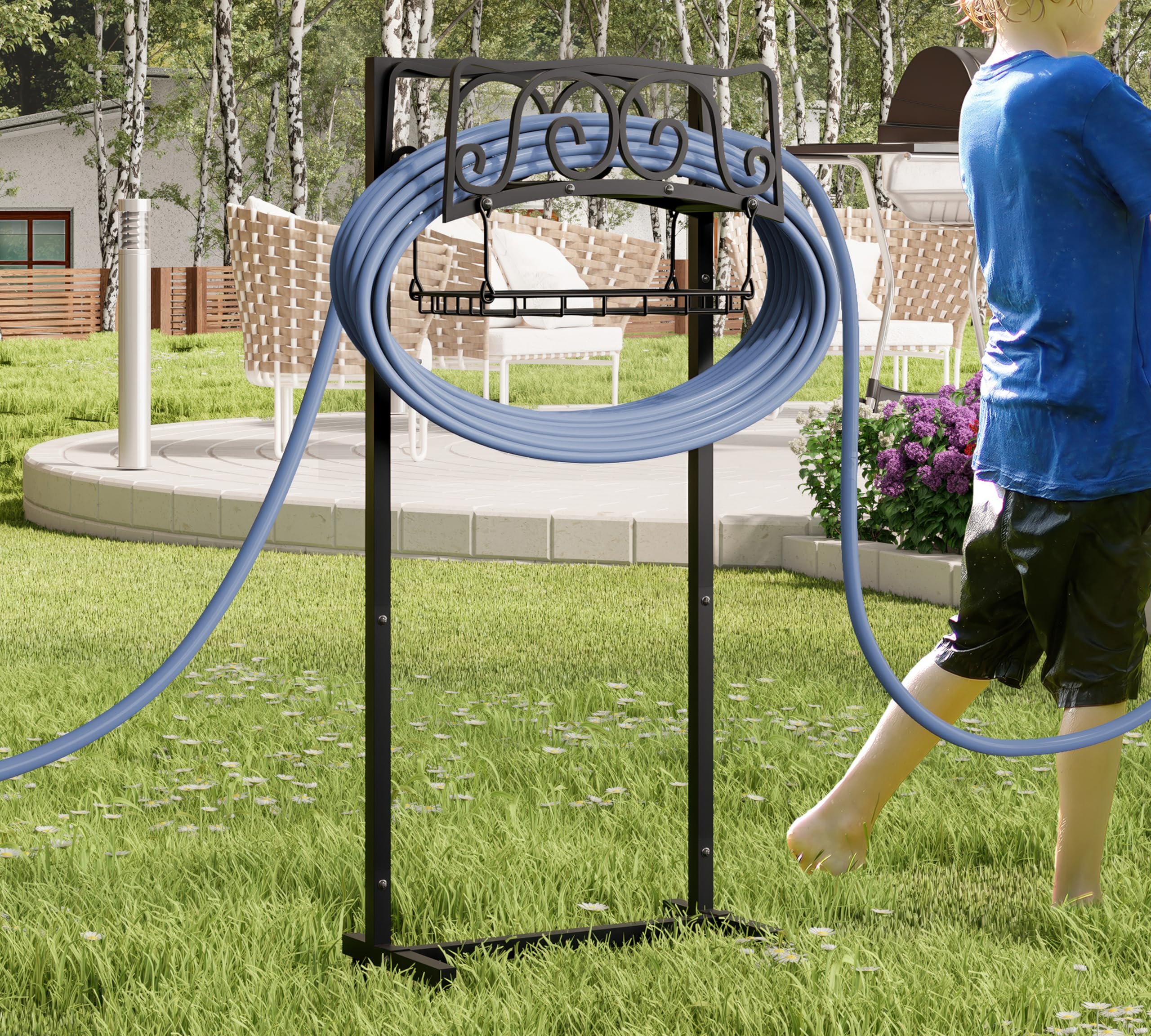 Kingson Supporto per tubo dell'acqua autoportante, supporto per tubo da giardino può contenere tubo da 45,7 m, supporto resistente per tubo da giardino con cestino portaoggetti rimovibile per esterni