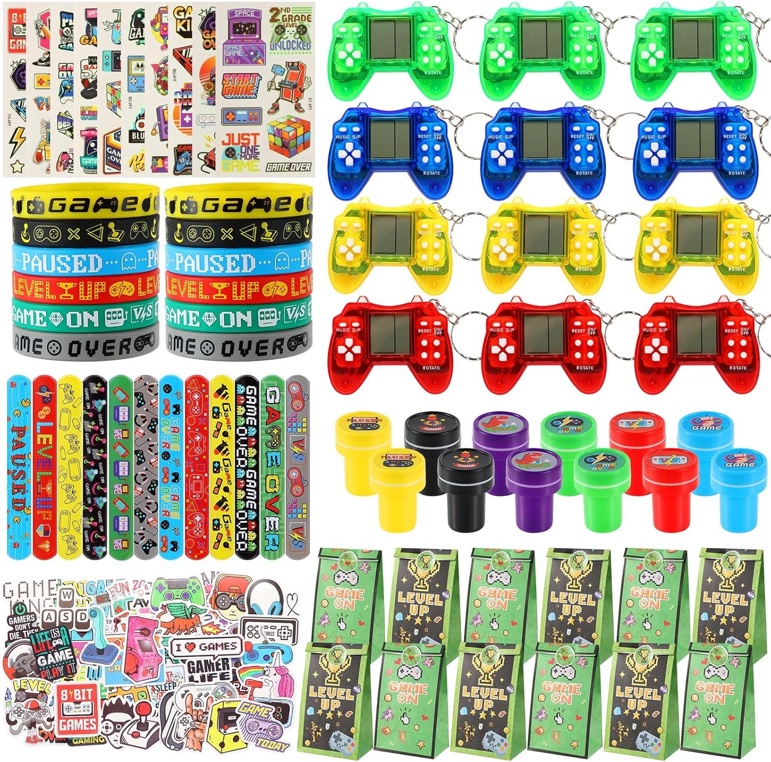 LiYiQ 122 Pcs Video Game Party Favors With Video Game Keychains Slap Bracelets Temporary Tattoos Silicone Wristband Gift Tags Stamps Stickers and Gift Bags for Gamer Birthday Party Supplies