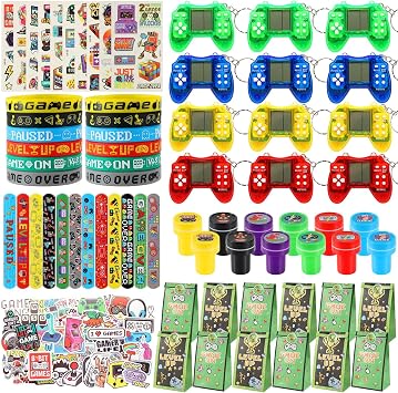 LiYiQ 122 Pcs Video Game Party Favors With Video Game Keychains Slap Bracelets Temporary Tattoos Silicone Wristband Gift Tags Stamps Stickers and Gift Bags for Gamer Birthday Party Supplies