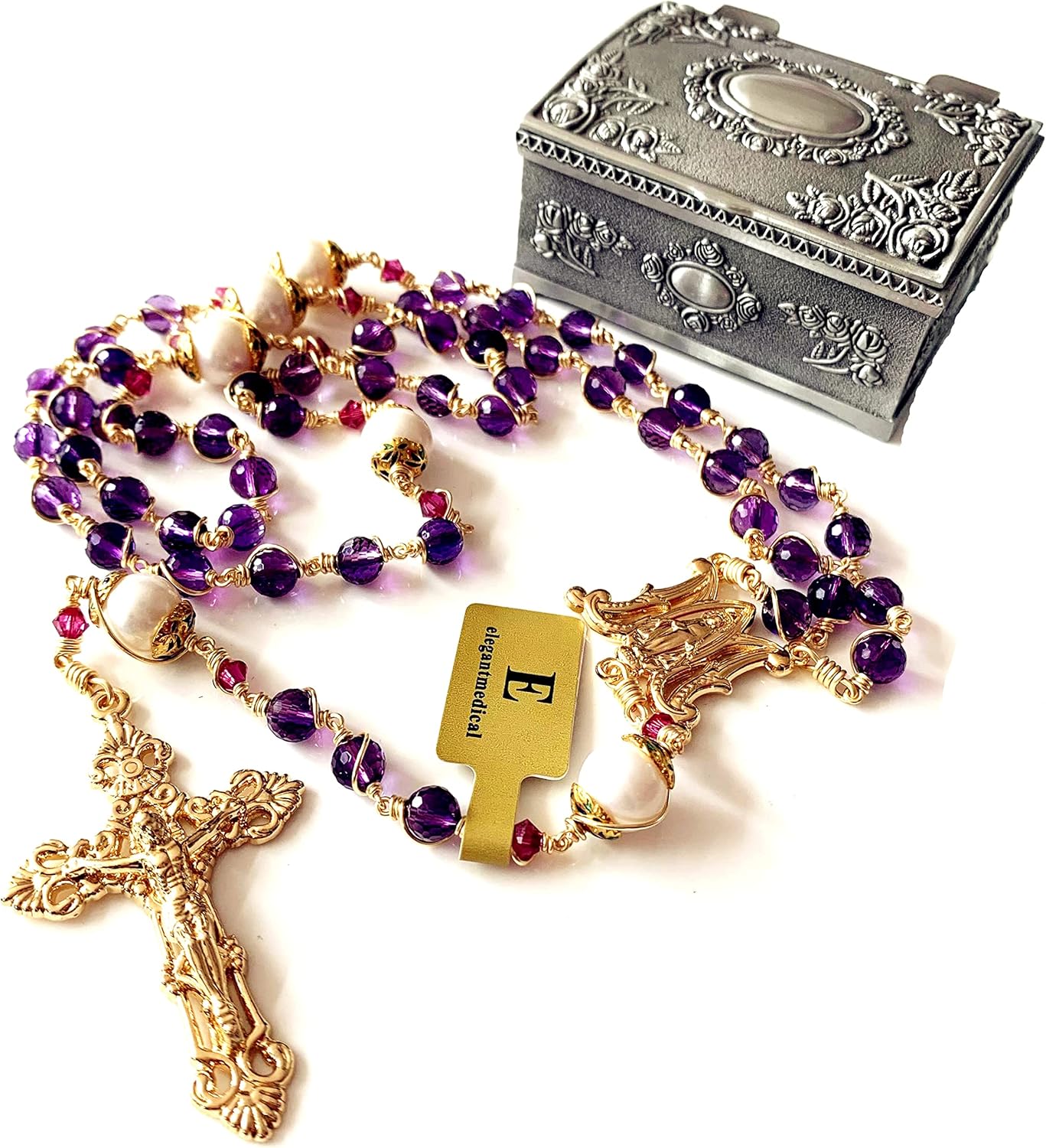 elegantmedical HANDMADE Gold Wire Wrapped Amethyst Beads &10mm Real Pearl Beads Rosary Cross/Crucifix Necklace Gift Box (Amethyst)
