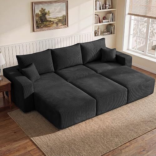 113" Modular Sectional Sofa Bed Boneless Sofa Couches for Living Room | Modern Corduroy Cloud Couch Sofa with Memory Foam Deep Seat and Non-Slip Base, No Assembly, Black