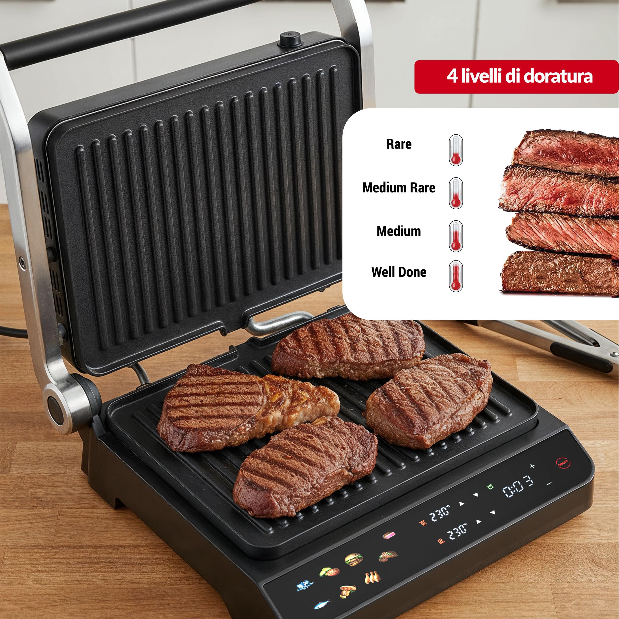 LEHMANN Bistecchiera Elettrica, 2000 W, Apertura 180°, Piastre Antiaderenti Rimovibili, 10 Programmi, Regolazione Temperatura 90-230°C, Timer 1-240 min, Griglia per Cucinare Carne, Pesce e Verdure
