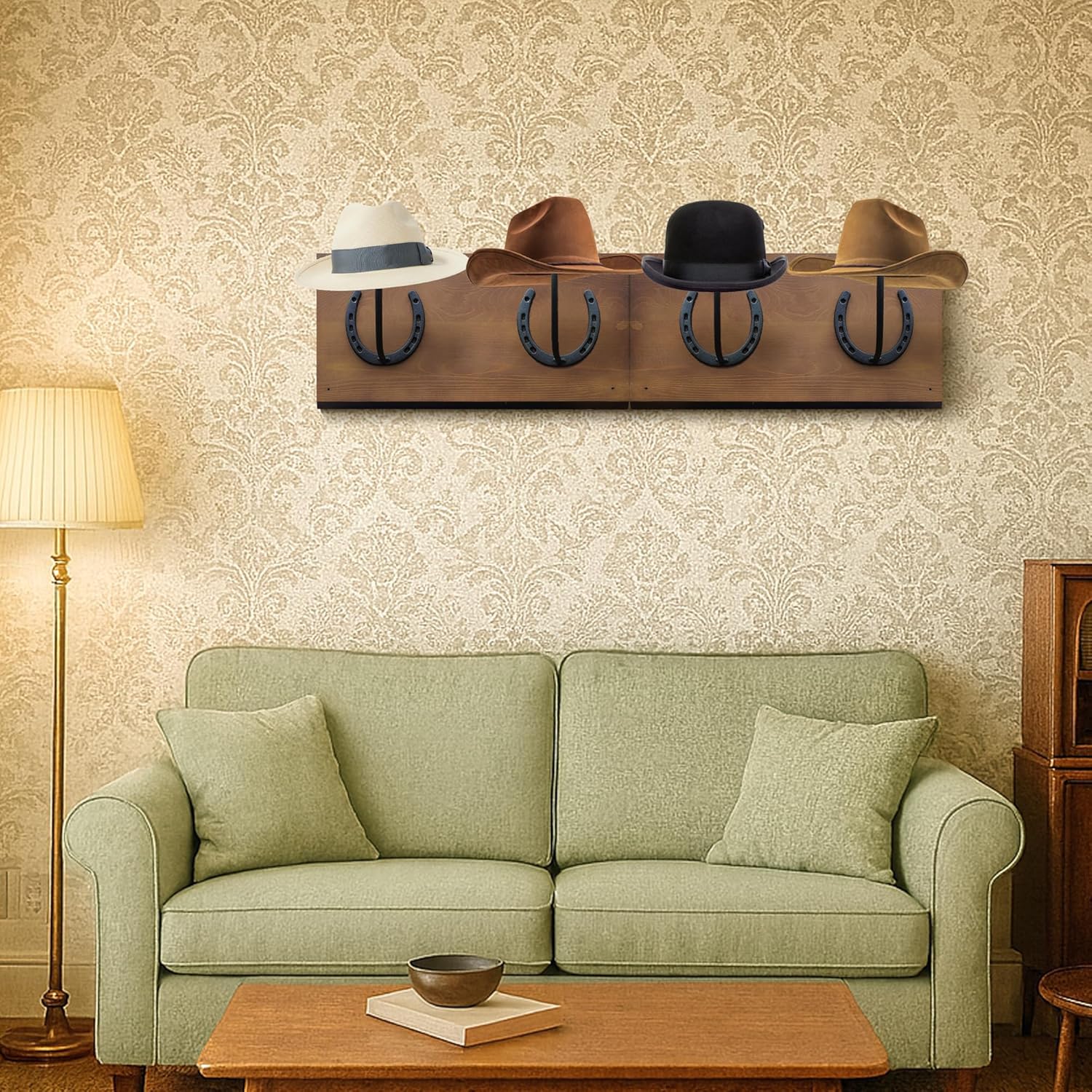 Montex Cowboy Hat Rack For Wall Mount, Wooden Cowboy Hat Holder 4 Hats, Hanging Western Hat Rack 2 Pack, Hat Organizer with Horseshoe Mounts Western, Dark Brown