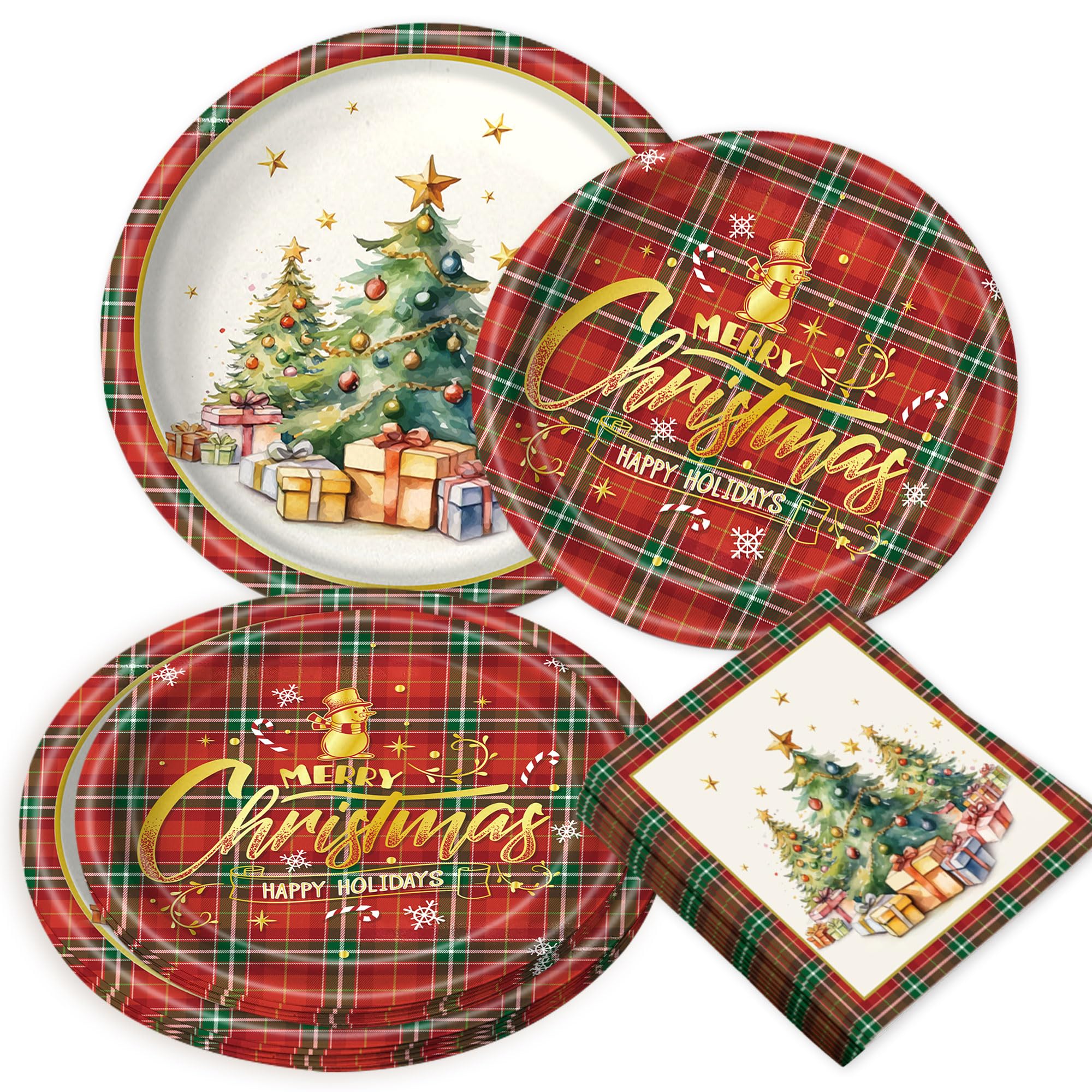 BACH AND BOUJEE Christmas Party Paper Plates Xmas Snowflake Disposable Merry Christmas Tableware Decoration Red Xmas Tree Paper Dishes for Party Supplies Serve 20