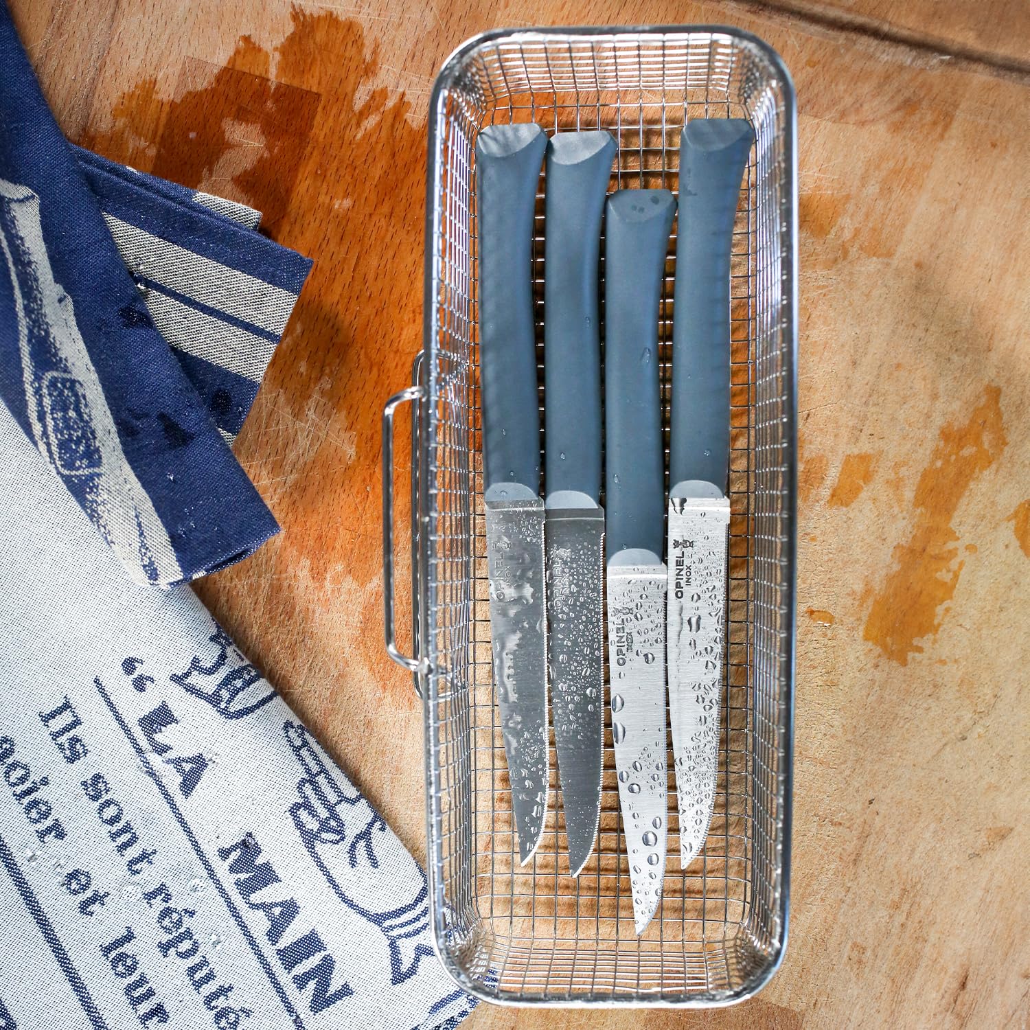 OPINEL - Set di 4 Coltelli da Tavola Bon Appétit + Tempête - Lama a Dente di Sable in Acciaio Inossidabile - Manico Confortevole - Fabbricazione in Francia - Blu Anatra/Antracite/Salvia/Nube