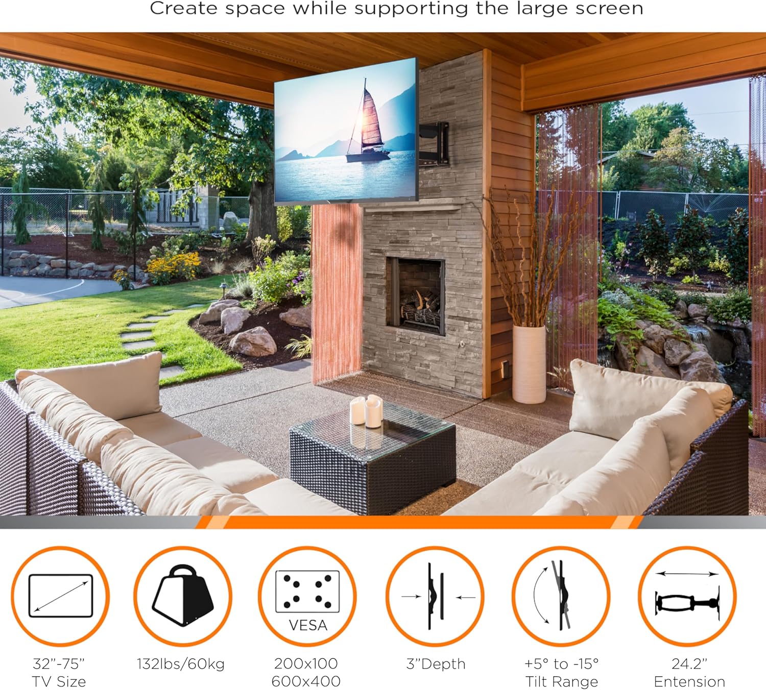 ProMounts Premium Indoor/Outdoor TV Mount Weatherproof Articulating/Full Motion TV Wall Mount for 32-75 Inch Flat and Curved LED, LCD, and Plasma Screens, Holds up to 132lbs.