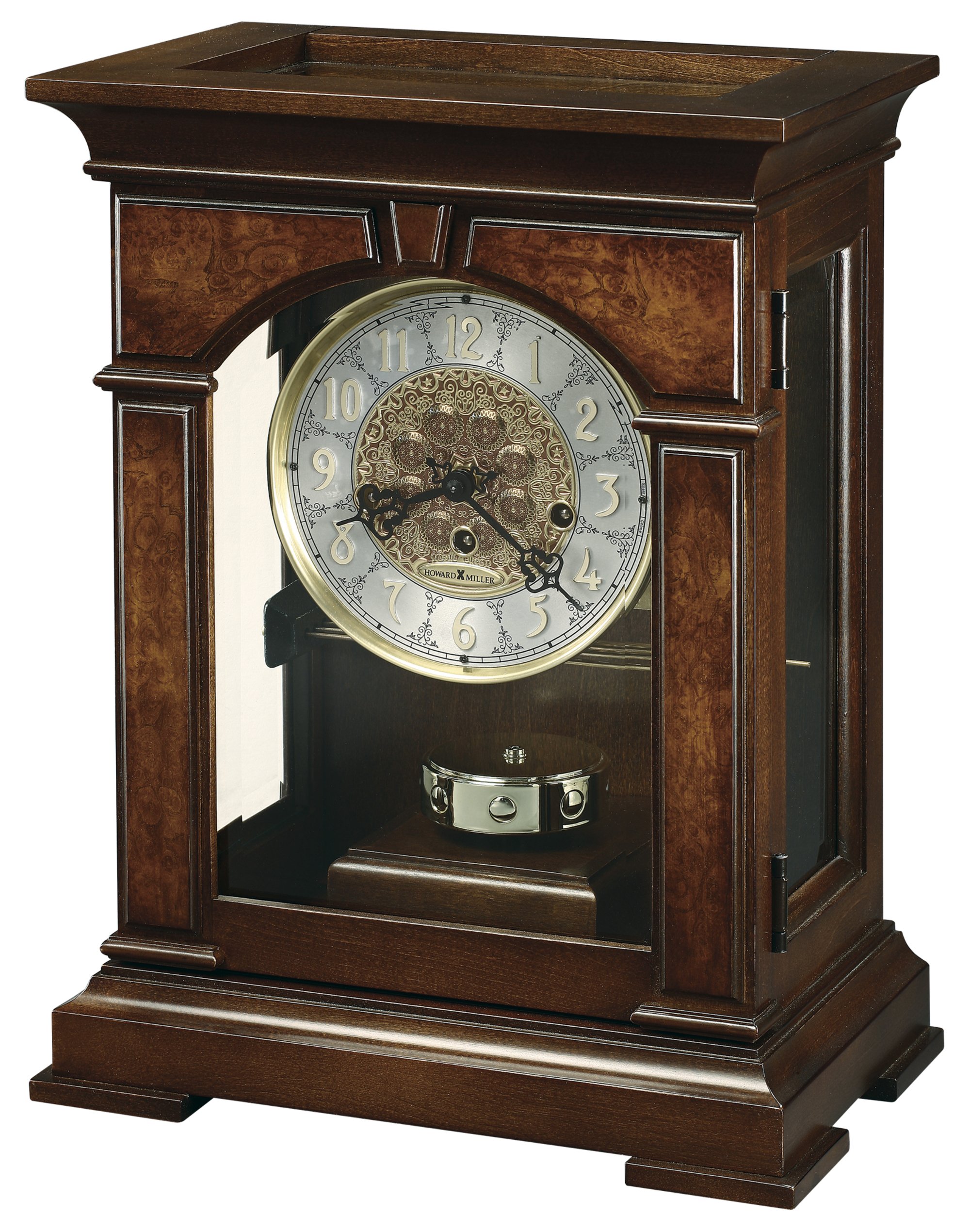 Howard MillerMantel Clock for Living Room - Cherry Bordeaux Finish, Front Glass Door, Brass Pendulum, Ornate Arabic Numerals, Key-Wound, and Single-Chime Movement - Emporia, 630266