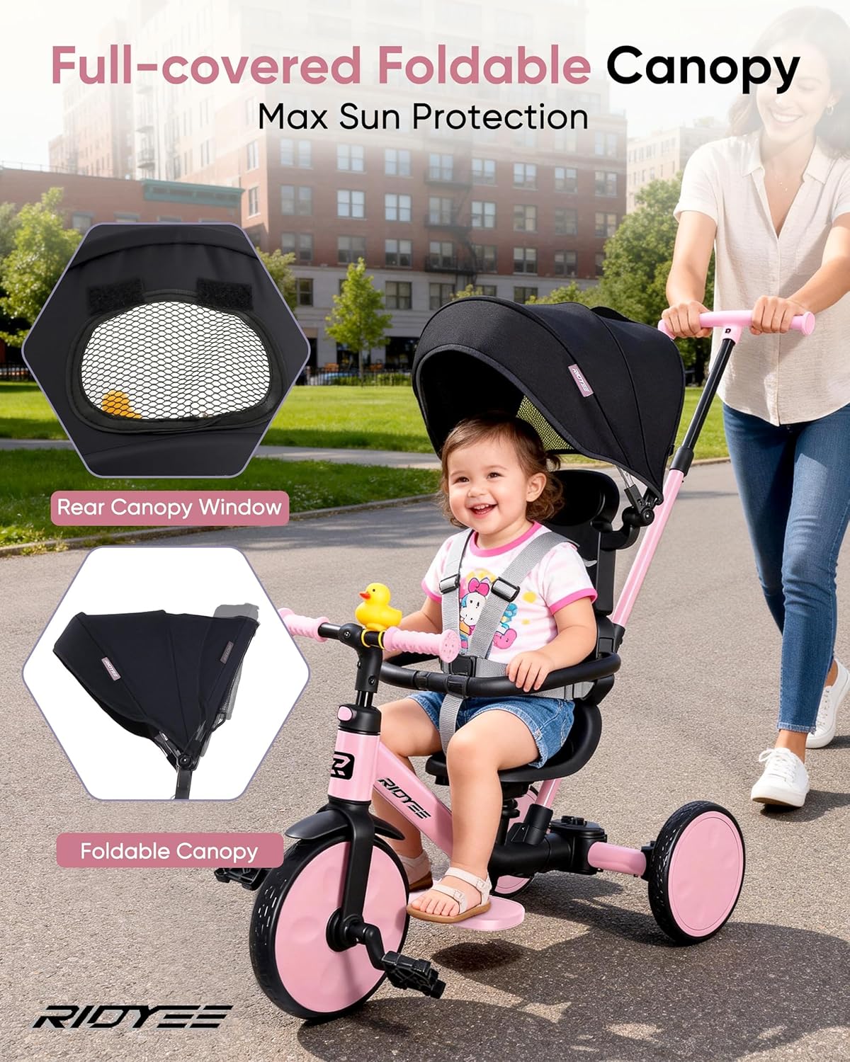 RIDYEE 8-in-1 Tricycle for 1.5-5 Years, Tool-Free Switch, Toddler Tricycle with Parent Steering Control Handle for 1.5 to 5 Yrs, Toddler Trike 1.5-3 Years with 5-Point Harness and Large Canopy, Pink