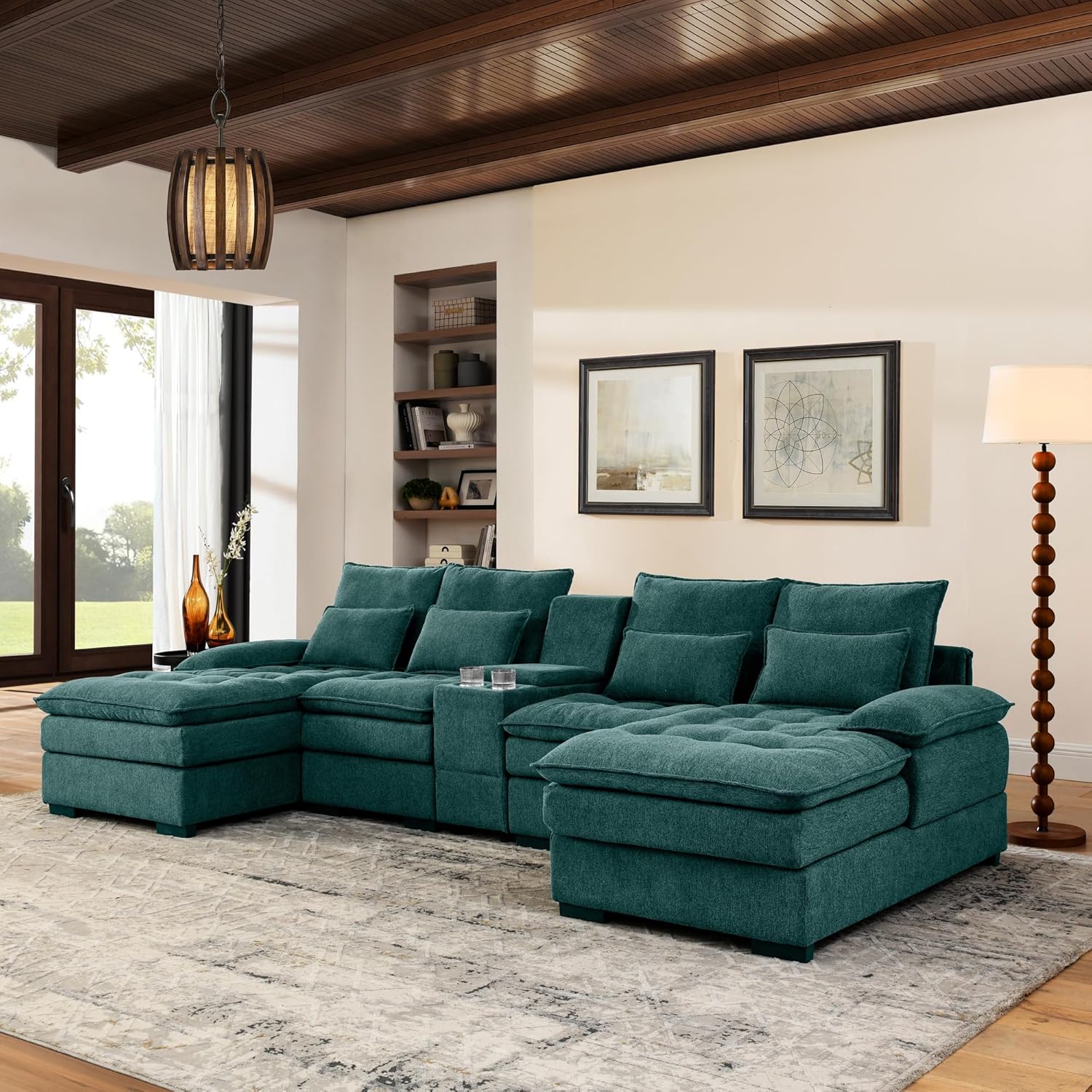 6 Seater Symmetrical U Shaped Modular Sectional Sofa Lounge Couch with Storage Console, Oversized Tufted Linen Cloud Corner Sofa Couch with Double Chaise & Cupholders for Living Room Apartment
