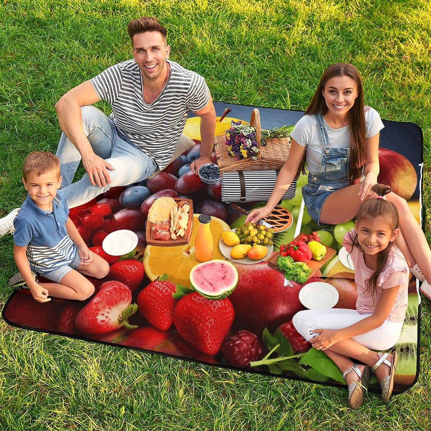 Fruits Picnic Blanket with Zipper Water Resistant Sand Free Picnic Mat Washable Foldable Easy Carry Beach Blanket for Lawn Beach Hiking Camping