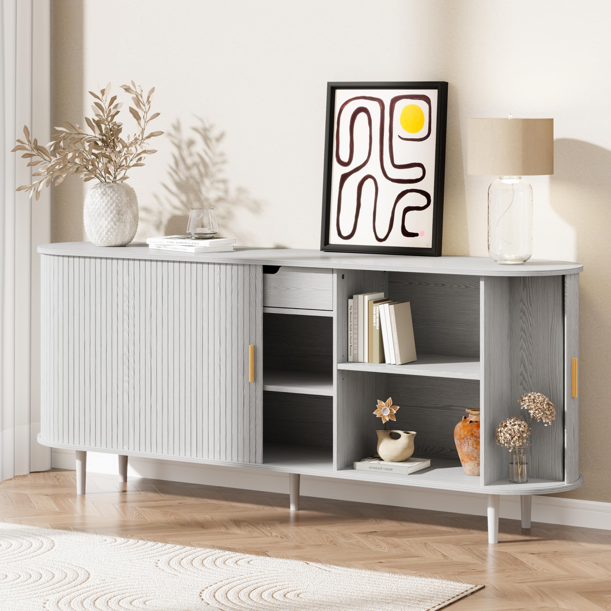 71" Sideboard Buffet Cabinet with Storage,Large Credenza with Sliding Doors and 1 Drawer,Mid Century Modern Coffee Bar Cabinet with Adjustable Shelves for Dining Room, Kitchen, Living Room (White)