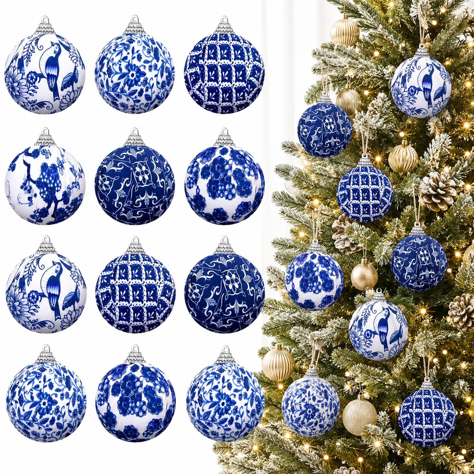Preboun 12 Pcs Blue and White Chinoiserie Ball Ornaments Christmas Tree Hanging Ornaments Chinoiserie Fabric Wrapped Christmas Decoration for Party (2.76 Inch)