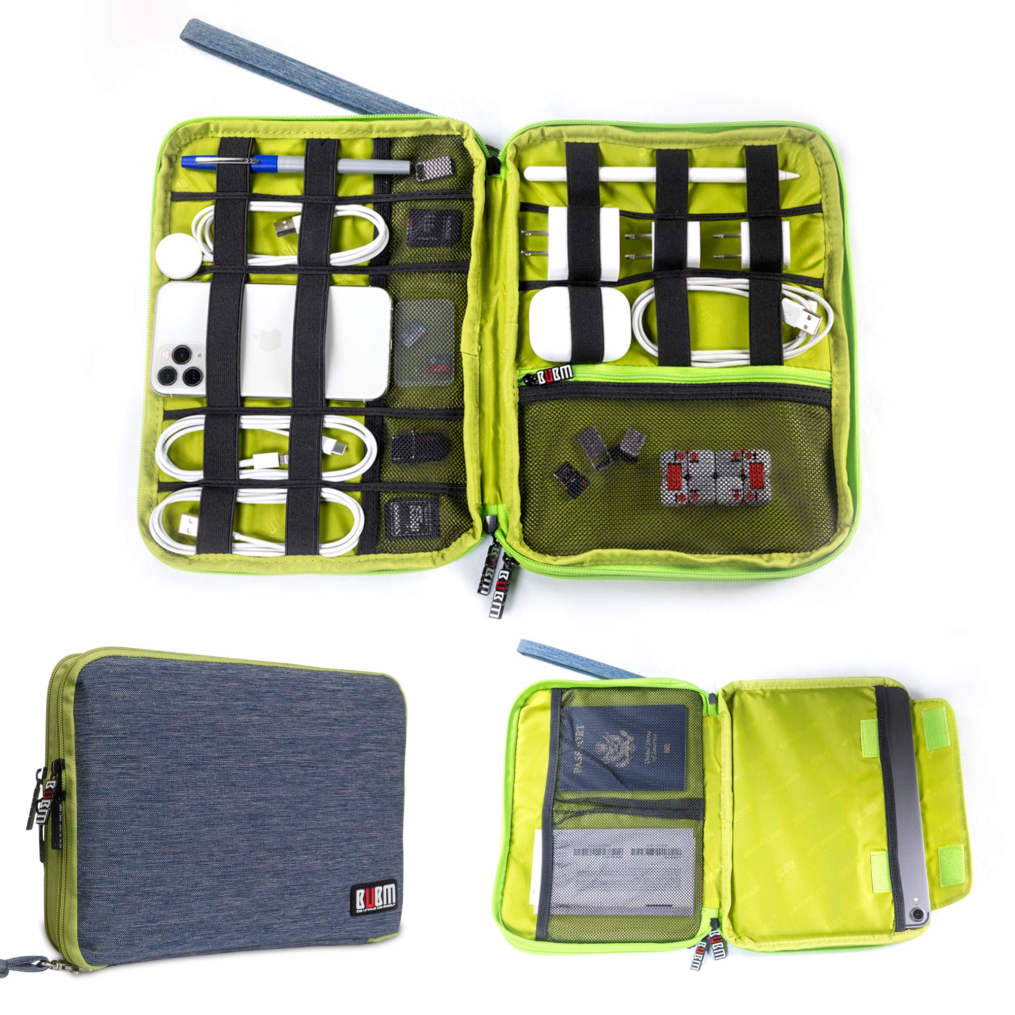 Three Layer Electronics Organizer and Travel Organizer for Tablet, Cables, and Chargers. Size XL Fit up to 10" Tablets. (Blue and Bright Green)