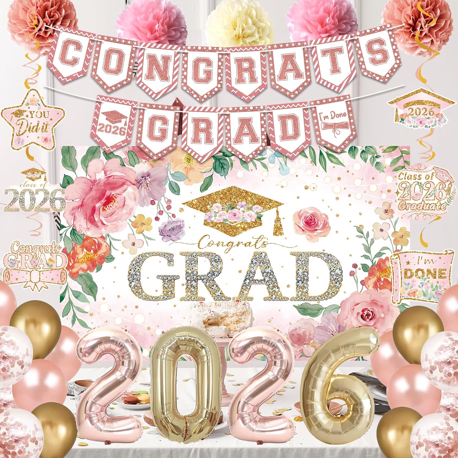 Holkcog 2026 Graduation Decorations, Pink Class of 2026 Congrats Graduation Floral Backdrop, Balloons, Paper Pompoms for Graduation Party Decorations, Outdoor Indoor College Grad Party Decorations