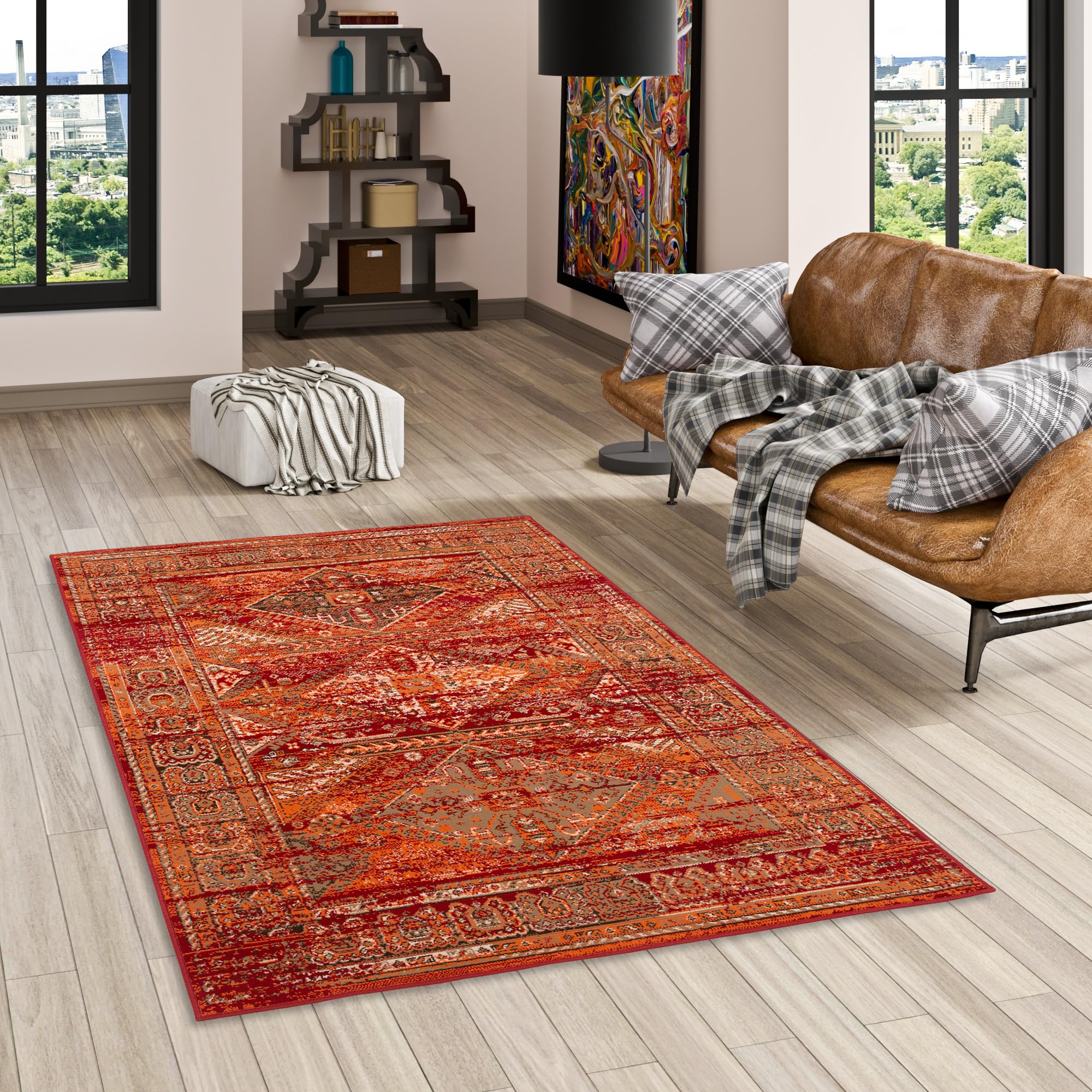 Pergamon Pop-Vintage - Tapis de Designer Orient - Bordure Terre Cuite - 5 Tailles