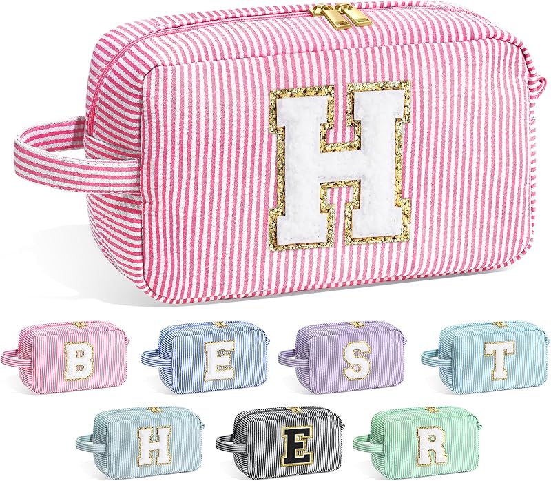 Necessaire de maquiagem YOOLIFE com inicial, estampa listrada, fechamento por zíper, Pink H