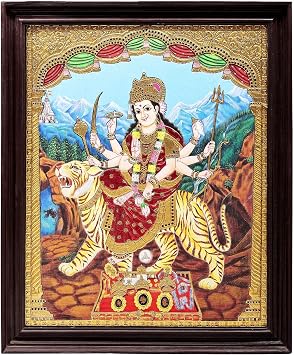 Exotic India 27" x 33" Ashtabhuja Goddess Durga Tanjore Painting | Traditional Colors With 24K Gold | Teakwood Fr