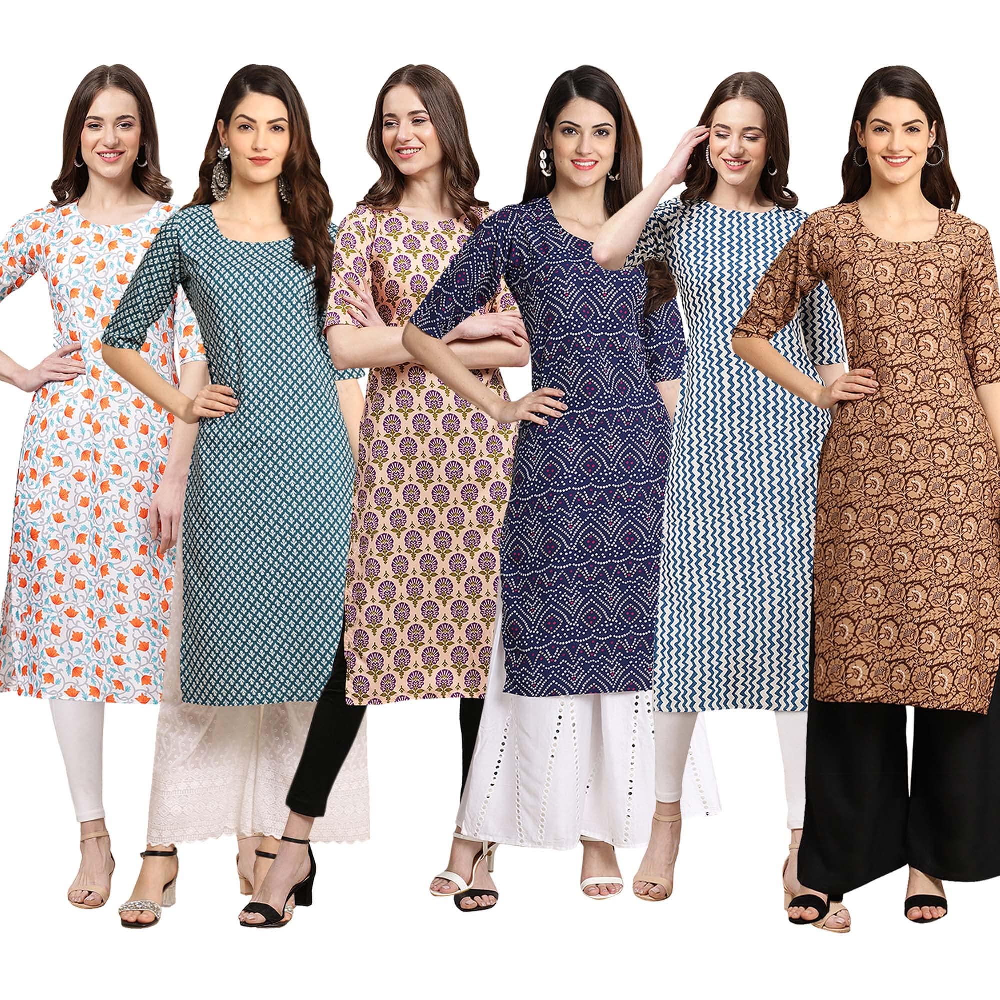 Pinkmint Women's Crepe Digital Print Straight Kurta [Pack Of 6] (Bd-334-351-332-375-331-379-Xl)