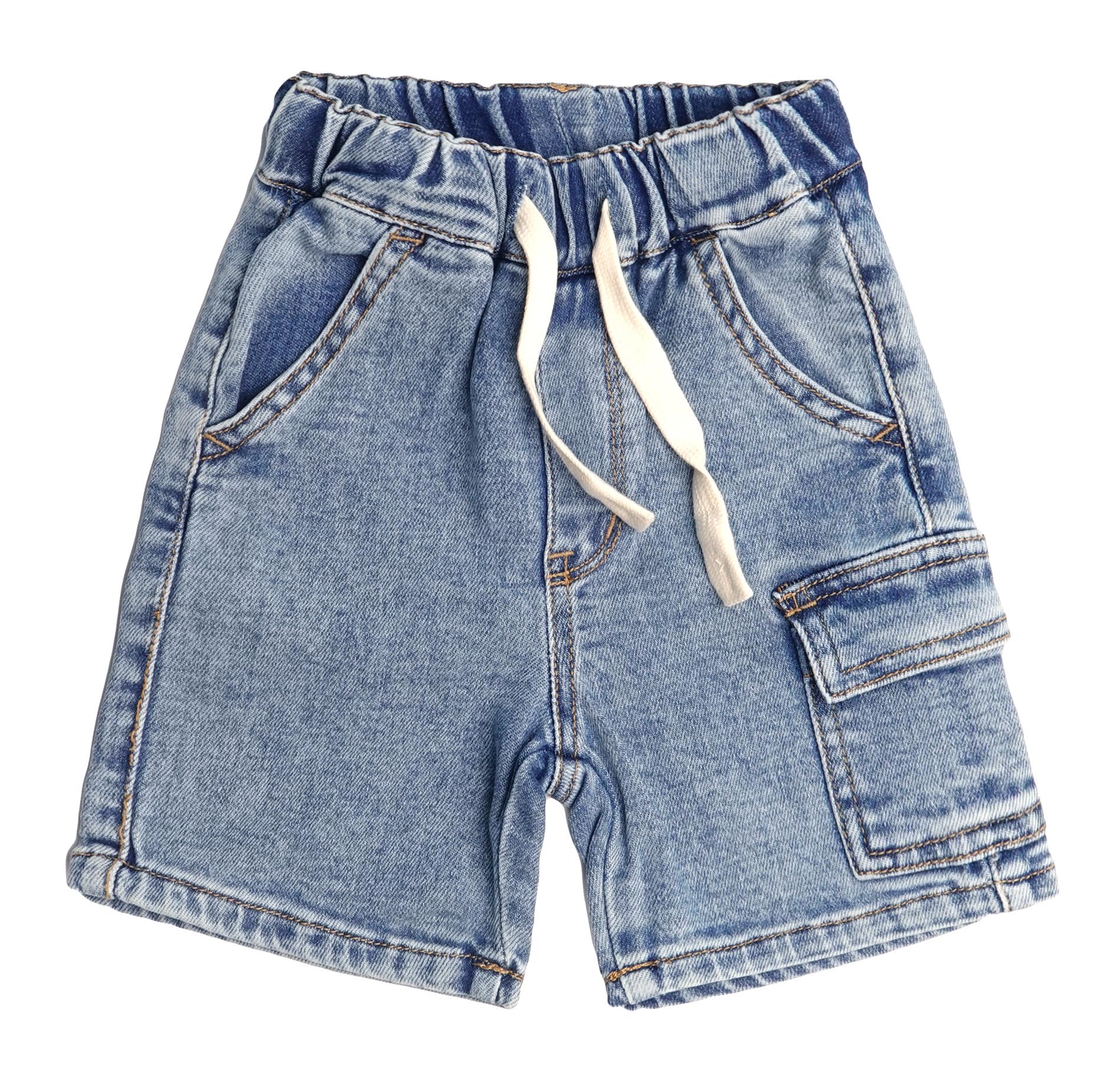 KIDSCOOL SPACE Pantalones cortos de mezclilla para niños, cintura elástica acanalada con cuerda, jeans de verano medio cargo