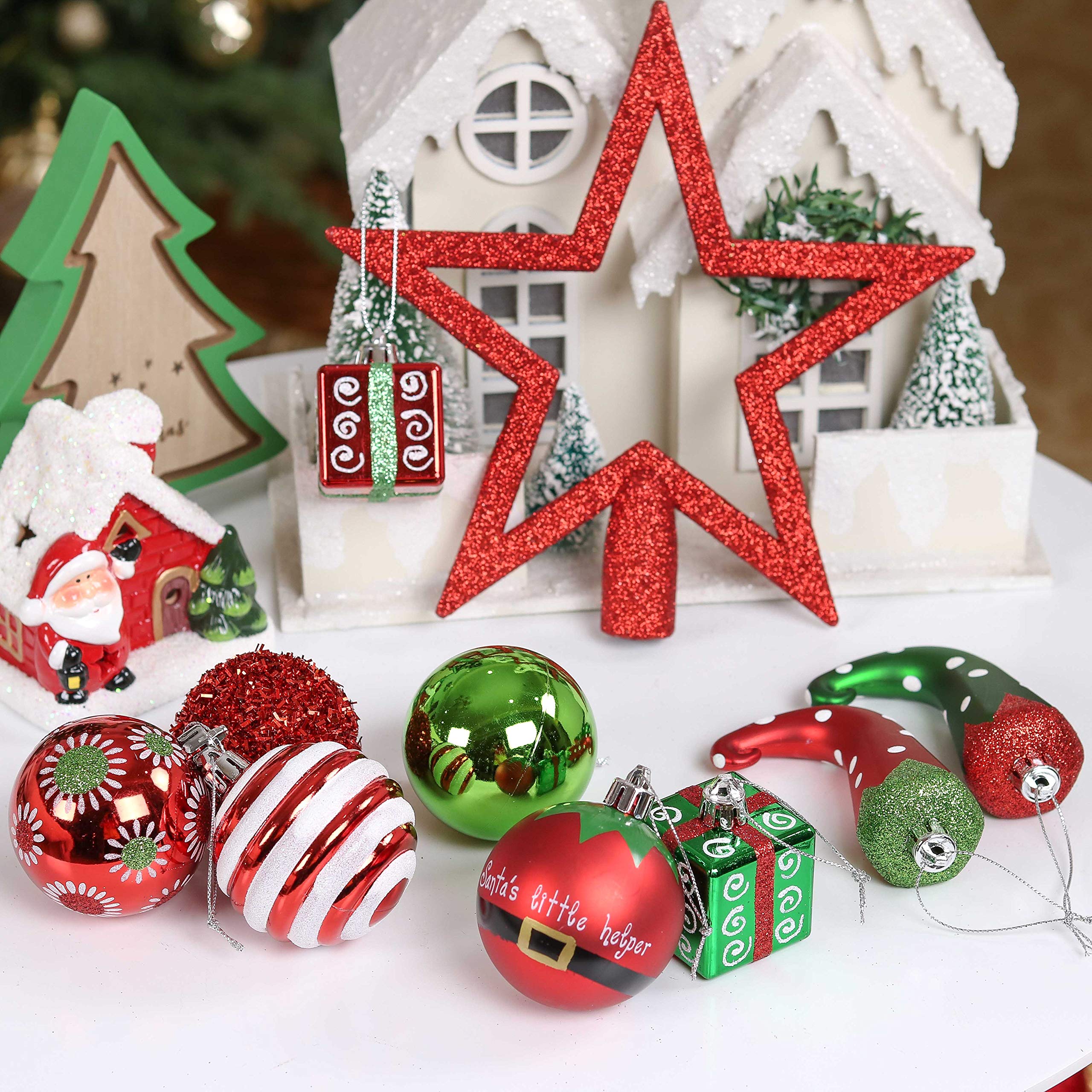 Victor's Workshop Weihnachtskugeln 100tlg. Plastik Christbaumkugeln Set Christbaumschmuck für Weihnachtsbaum Dekoration Weihnachtsdeko Partydeko Hausdeko Elfen Thema Rot Grün Weiß(L)