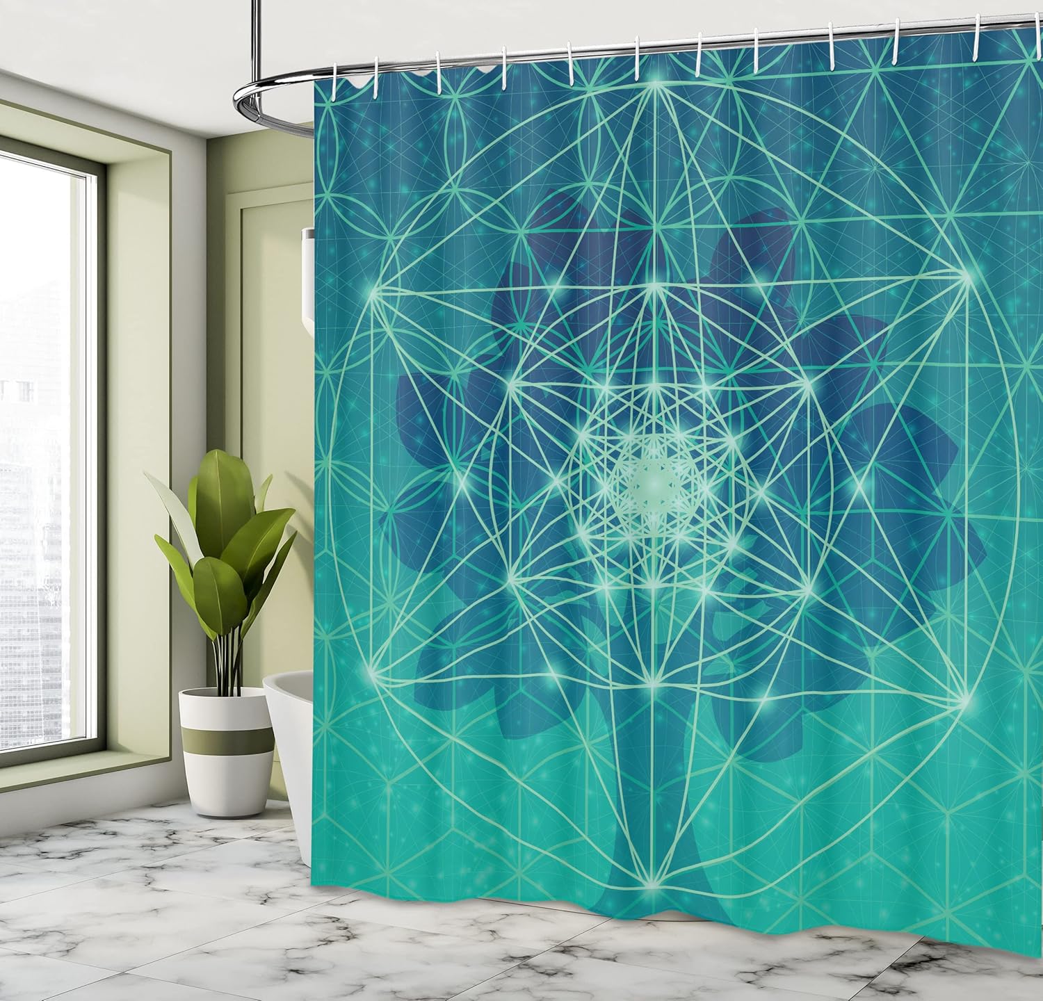 Ambesonne Geometry Shower Curtain, Digital Futuristic Tree of Life Space Plains Pattern, Cloth Fabric Bathroom Decor Set with Hooks, 69" W x 84" L, Petrol Blue Green