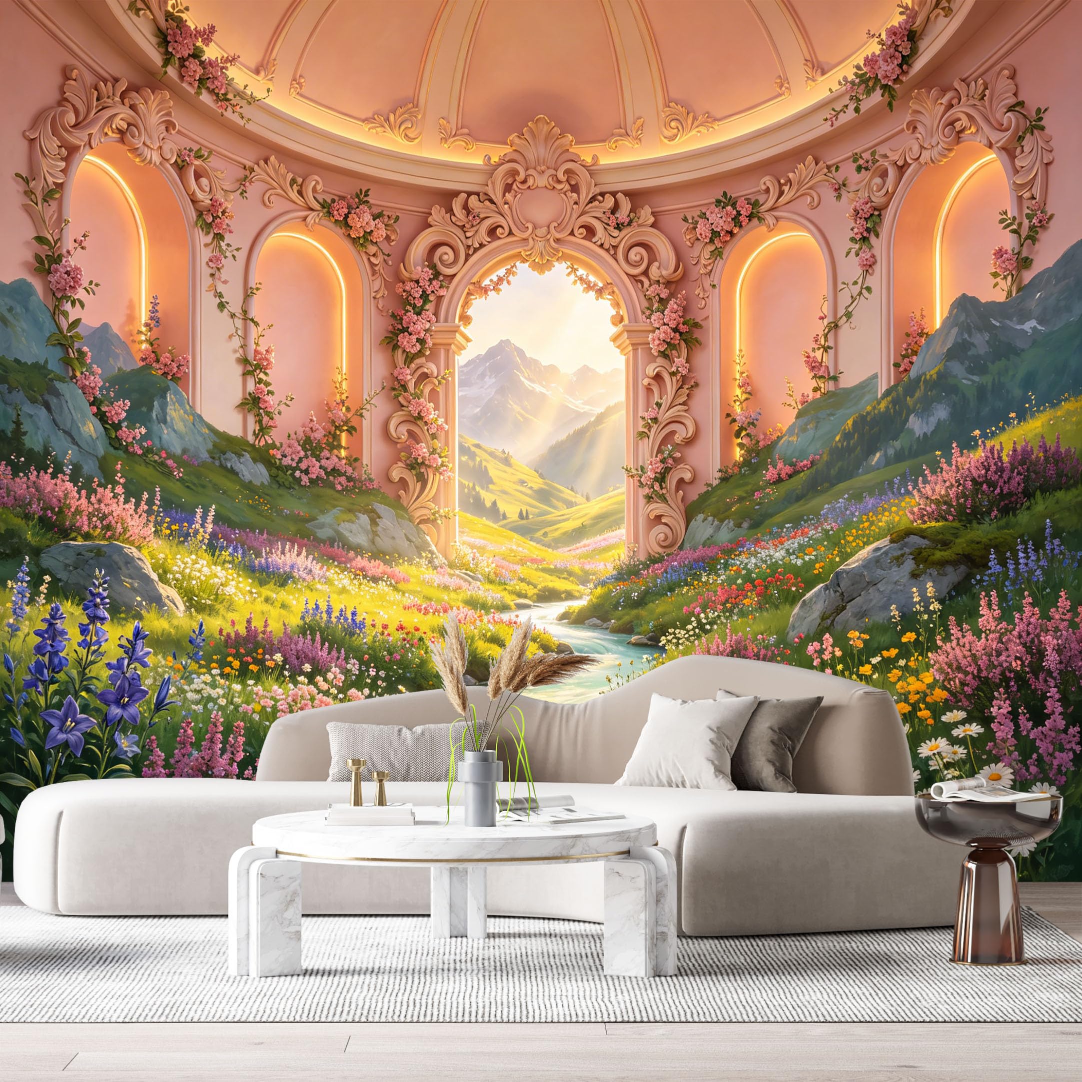 Custom Size Wall Murals Palace Mountain Stream Botanical 3D Trompe L'Oeil SelfAdhesiveWall Fabric Removable Wallpaper Wall Decor for Living Room Bedroom Bathroom