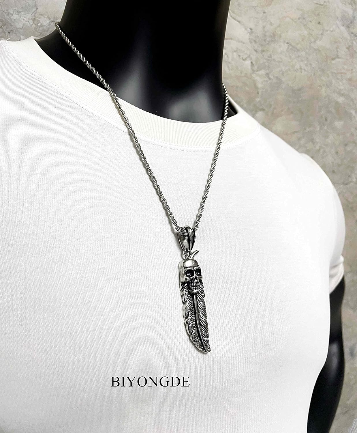Mens Vintage Feather Skull Pendant, 24 inches Chain Necklace, Stailess Steel, Gothic Hiphop - Image 4