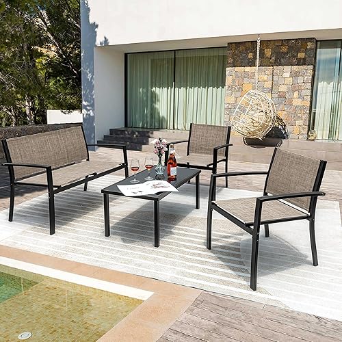 Miniatura 10 de Flamaker Juego de 4 muebles de patio para exteriores, muebles de patio al aire libre, juego de bistró de textileno, juego de conversación moderno,