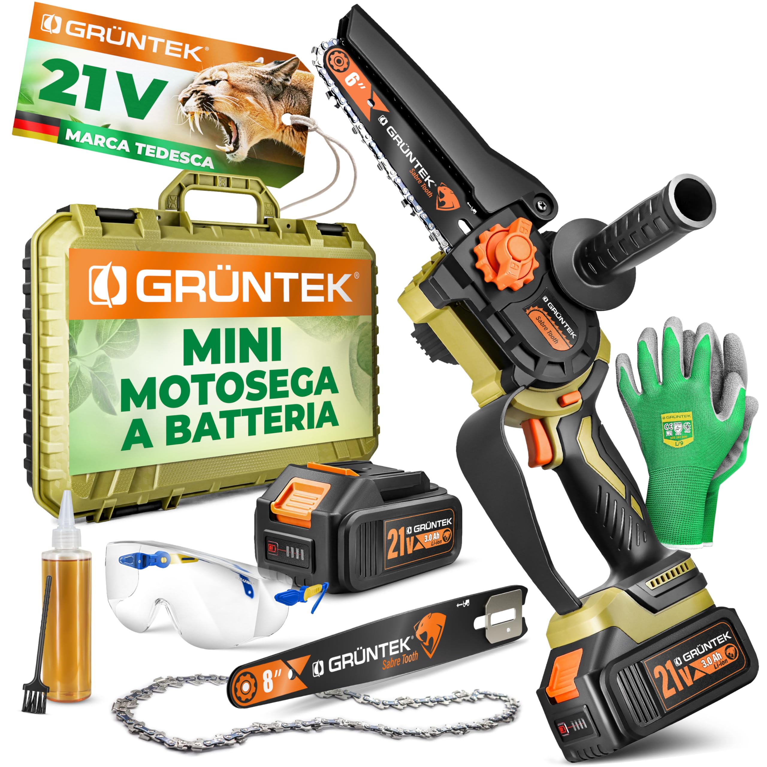 GRÜNTEK Mini Motosega a Batteria 1050W. Motosega Elettrica 6" e 8". Sega Elettrica per Potatura Brushless. Seghetto Elettrico per Legno. Lubrificazione Automatica. Potatore con 2 Batterie 21V.