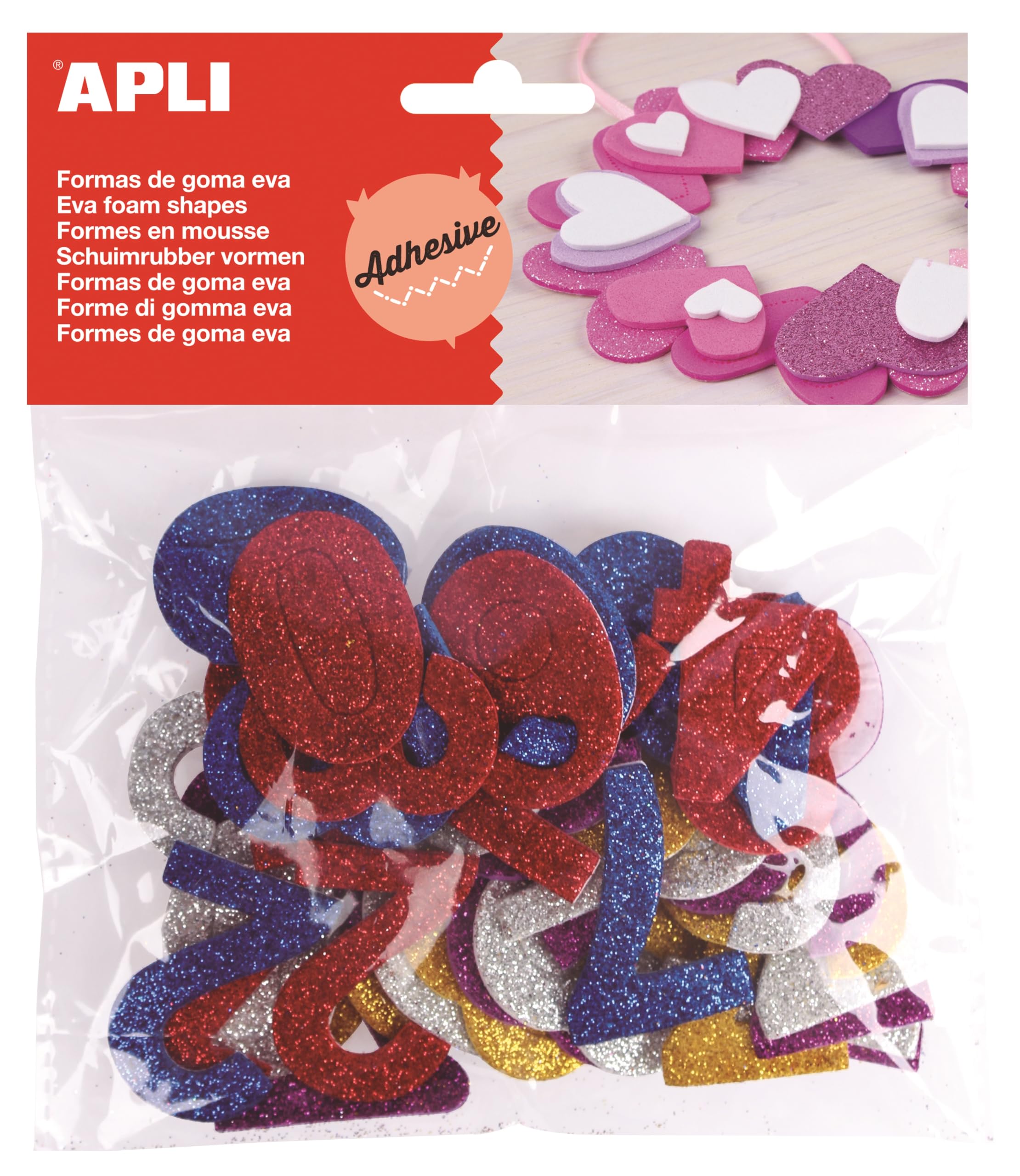 APLI Kids 13486 – Bag Shapes EVA Adhesive Glitter Metal Shapes Numbers Colour, 50 pcs