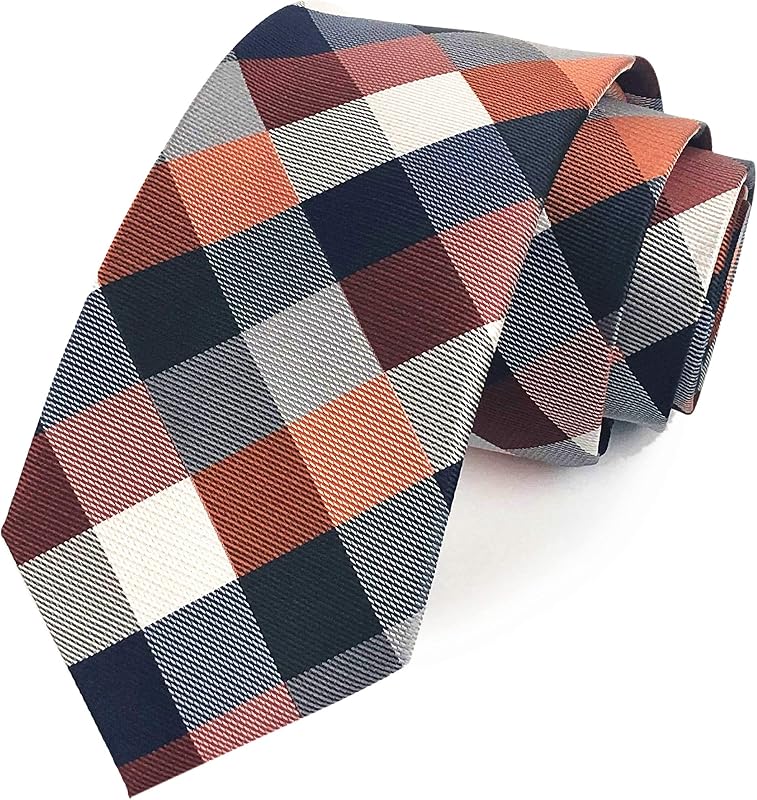 Men's Classic Checks Dark Blue Grey Jacquard Woven Silk Tie Necktie