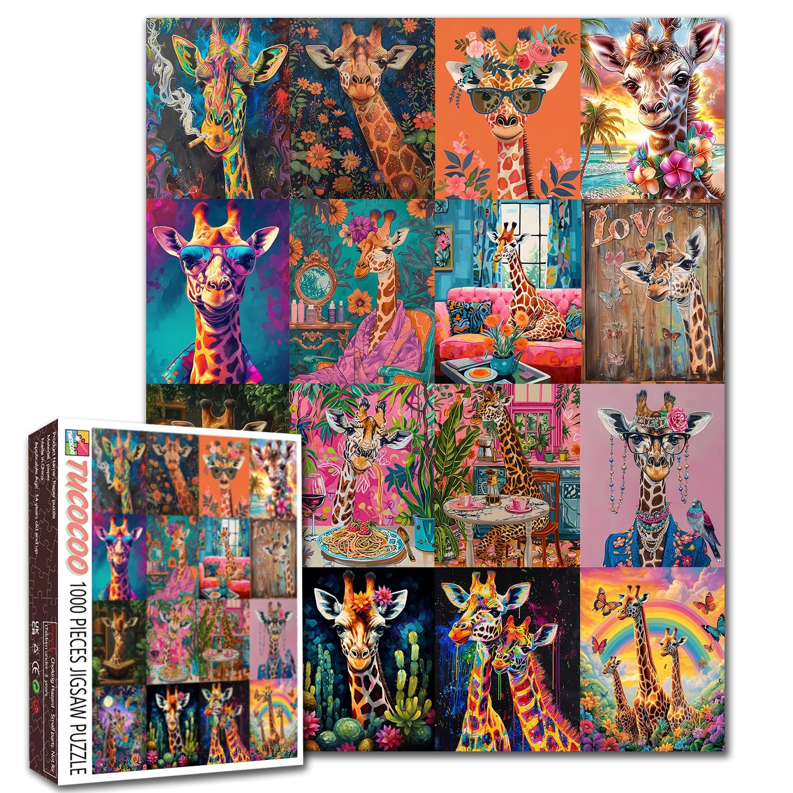 Animal Collection 1000 Pieces Jigsaw Puzzles for Adults, Abstract Cartoon Giraffe Painting Giraffe with Sunglasses Game Wild Animals Deer Wall Decor — image 1