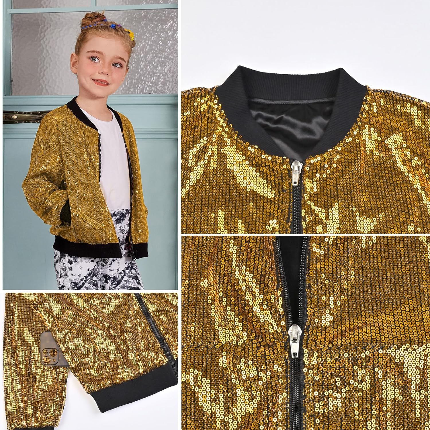 Mirawise Girls Sequin Jacket Kids Bomber Long Sleeve Zip Up Sparkle Clothes Dance Outfit with Pockets 6-13Y