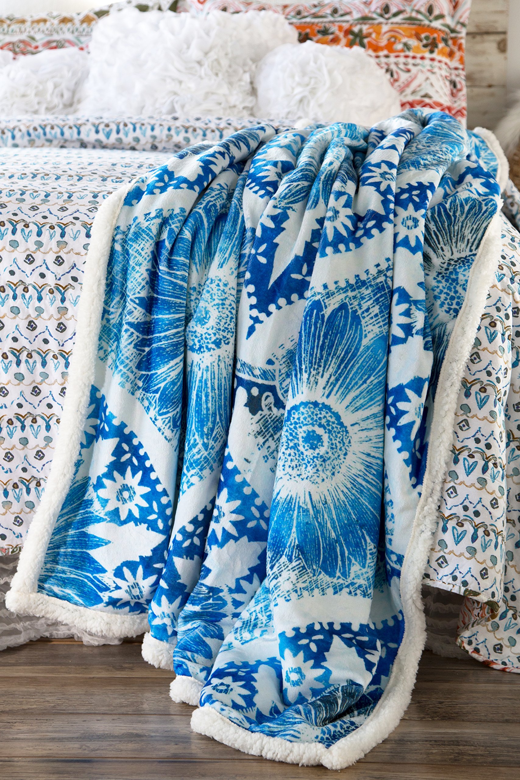 North End Decor Überwurfdecke – Extra Kuschelig Mit Sherpa-Rückseite, Chakra-Blüten Design, Blau, 137x178 Cm