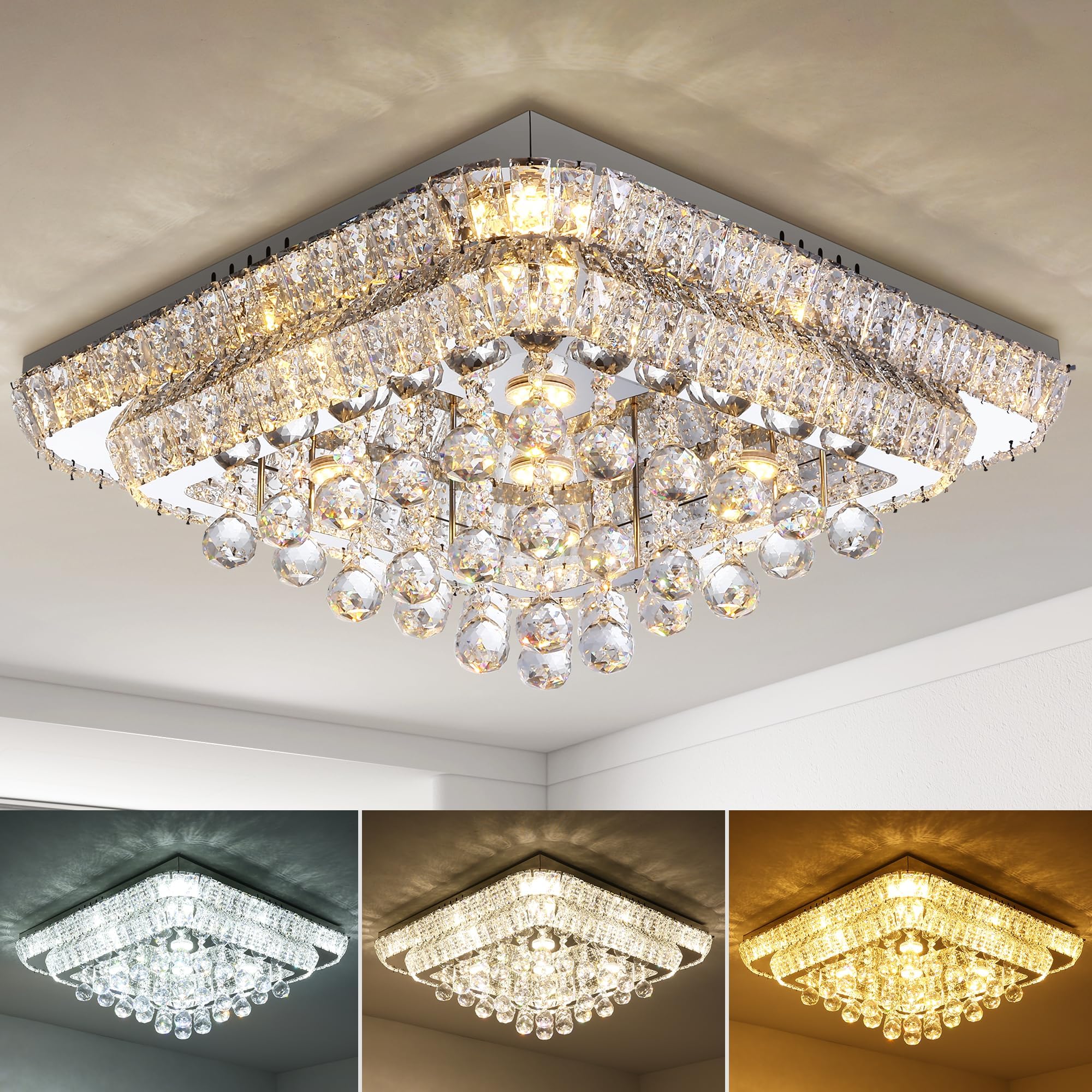 Sunny Hawaii Elegant LED Crystal Raindrop Ceiling Light, 24 in Square