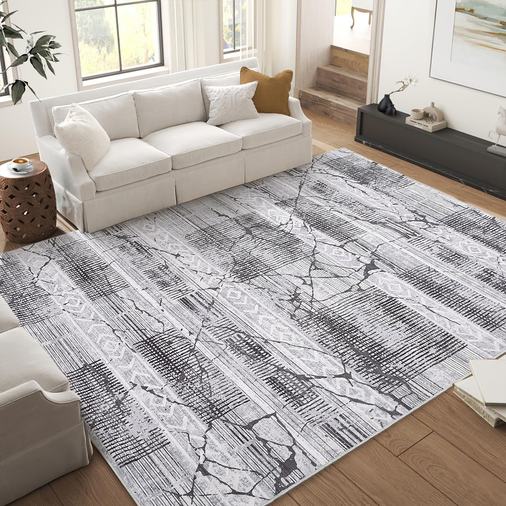 Photo 1 of 9x12 Area Rugs for Living Room, Machine Washable Rug Distressed Indoor Floor Carpet Marble Boho Farmhouse Rug Ultra Thin Large Area Rug for Bedroom Dining Room Playroom Office, Light Grey