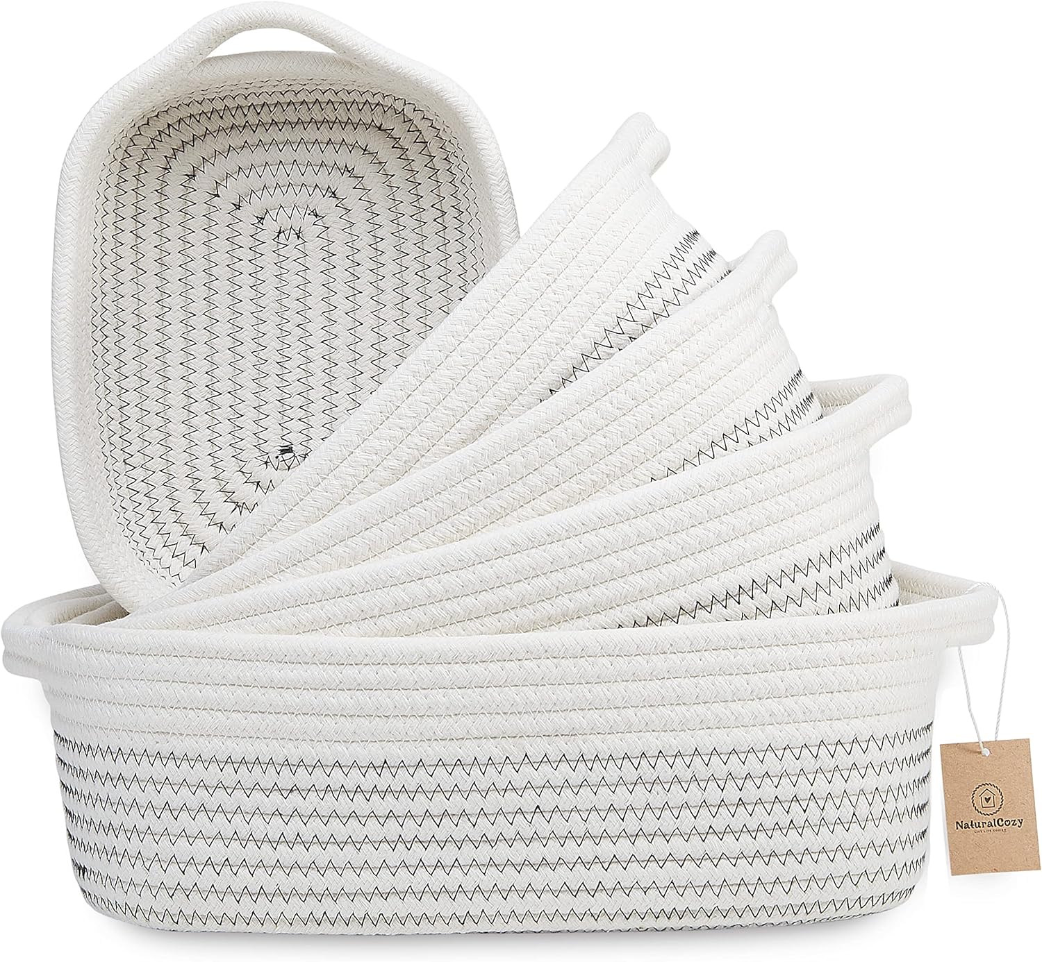 NaturalCozy 5Piece Rectangle Storage Basket Set Natural Cotton Rope