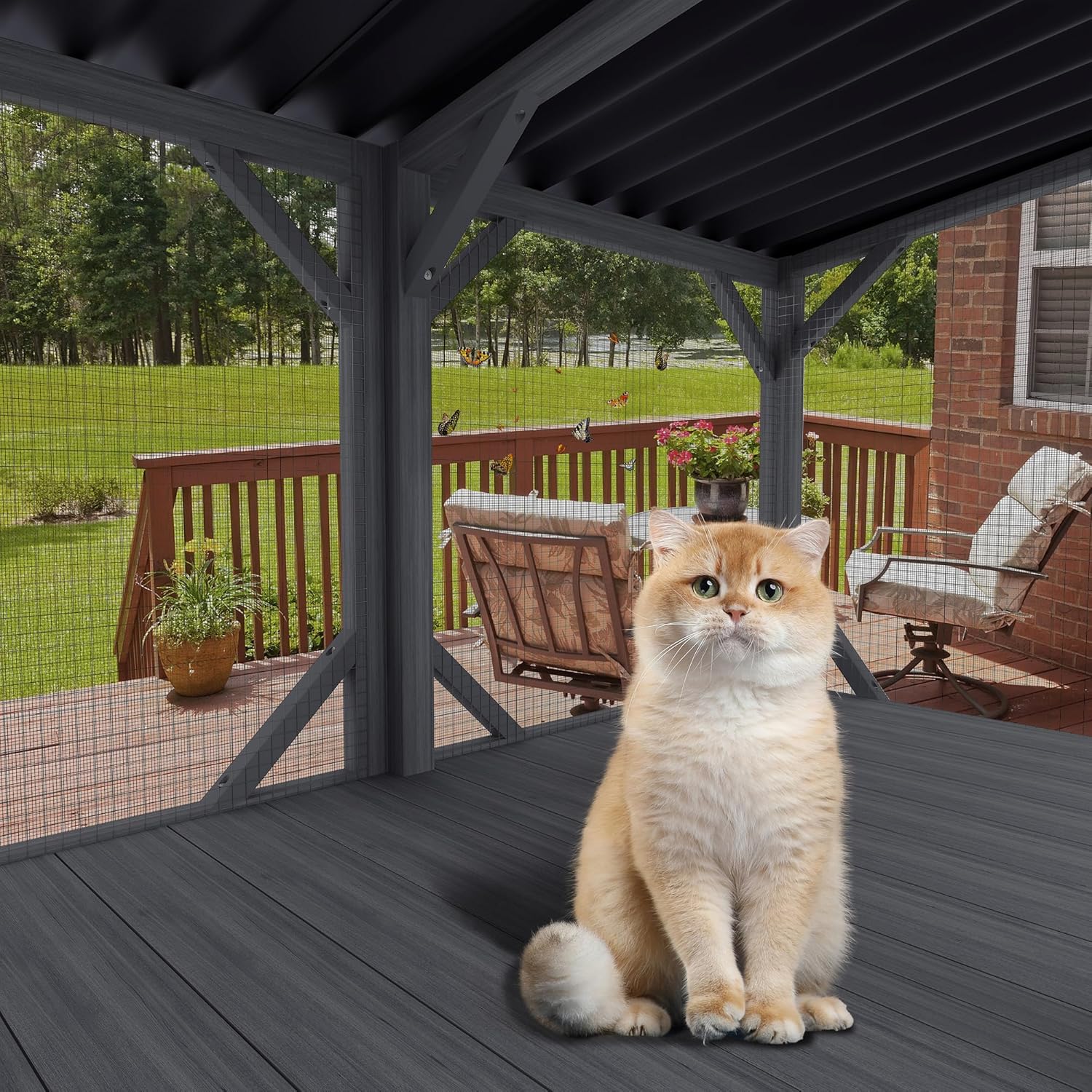 Cat Window Box Catio, 43.3" x 25.2" x 47.2", Outdoor Cat Enclosure with Bug-Proof Net, Antique Gray