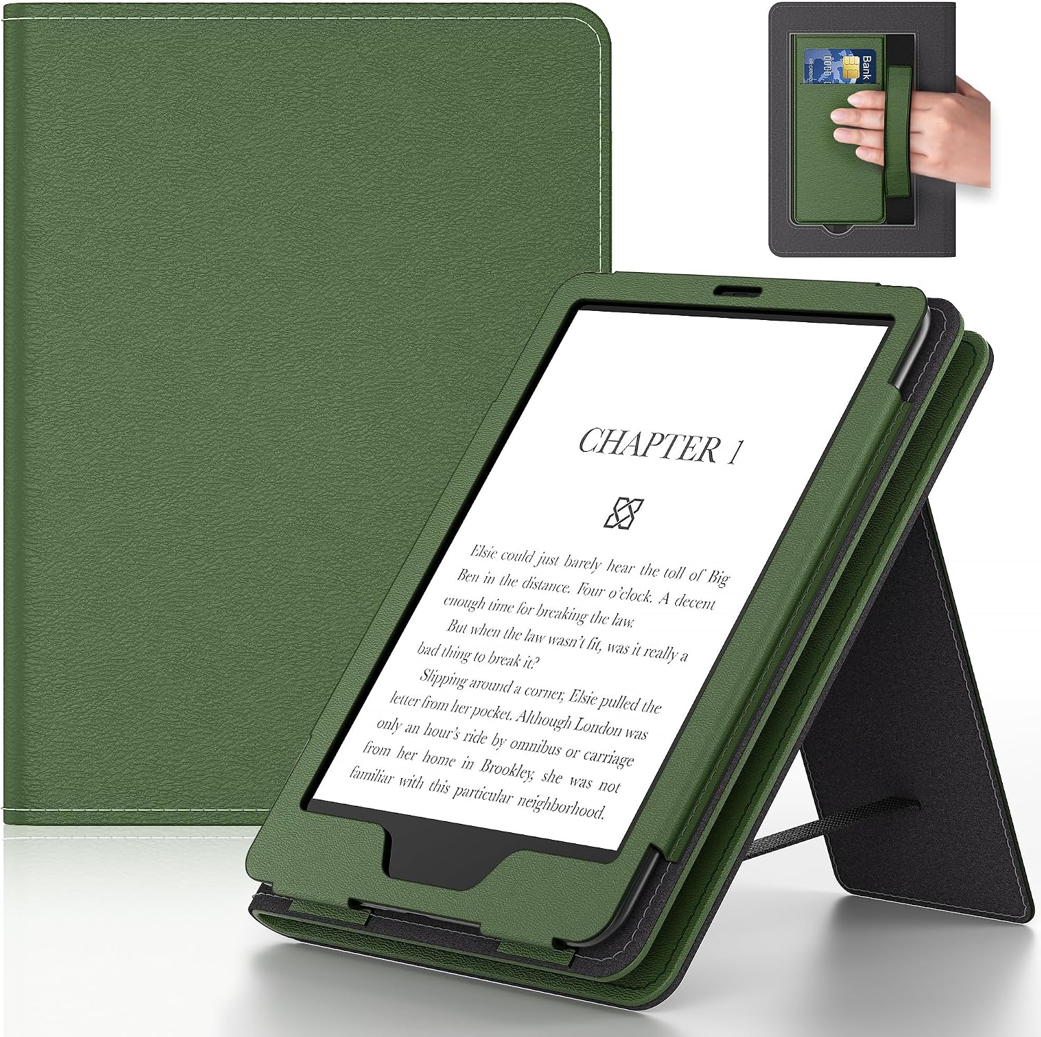 6in Tablet Case with Stand and Hand Strap,Incompatible with Old Version, Durable Synthetic Leather Cover with Auto Sleep Wake, Olive Green