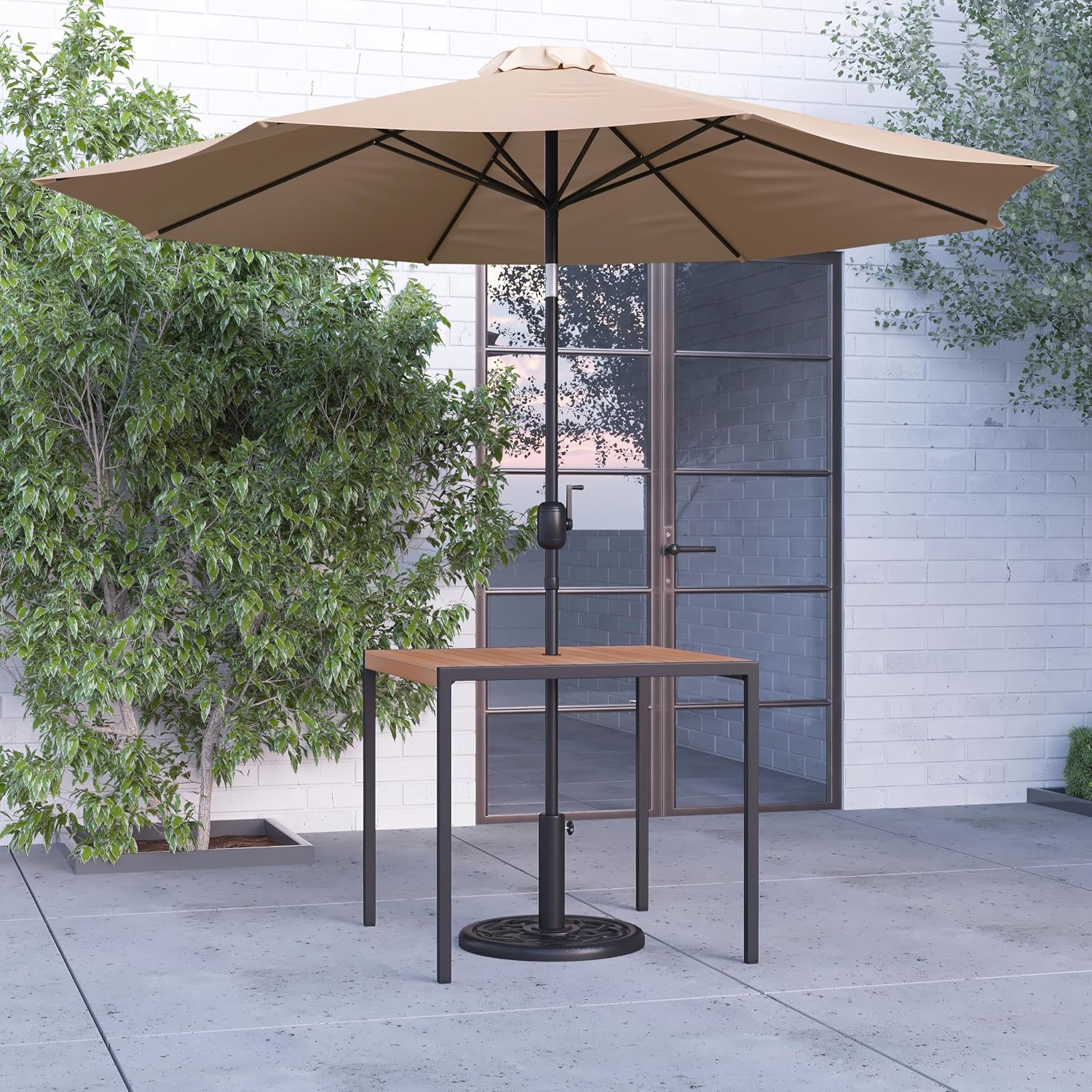 Merrick Lane Outdoor Dining Table and Umbrella Set - Faux Teak Poly Slat Top - Powder Coated Steel Frame - 35.25" x 35.25" Square Top - 9' Tan Umbrella and Base