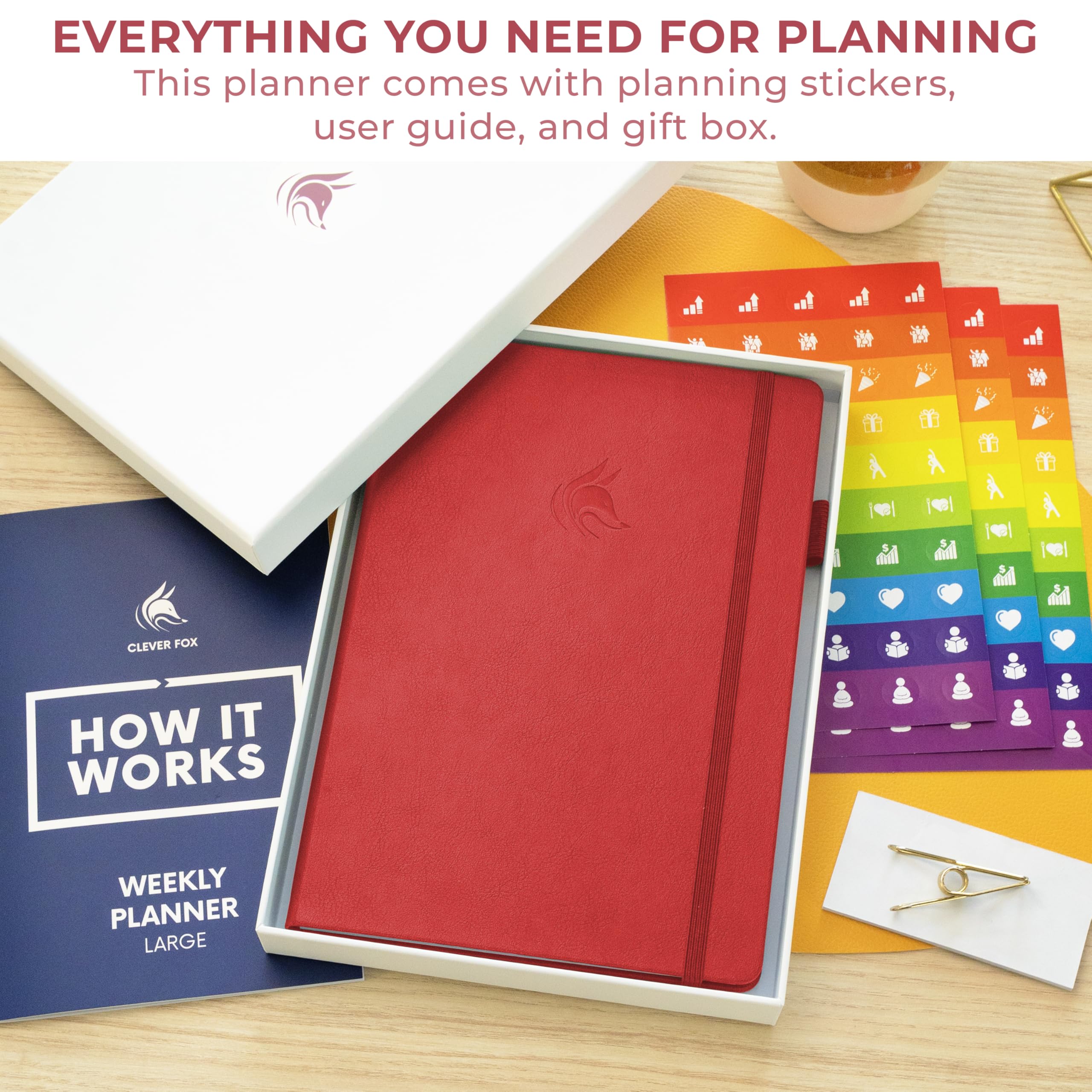 Clever Fox Planificador semanal y mensual sin fecha para productividad, gestión del tiempo y objetivos, diario organizador (rojo, más pequeño que A4 (7 x 10 pulgadas)