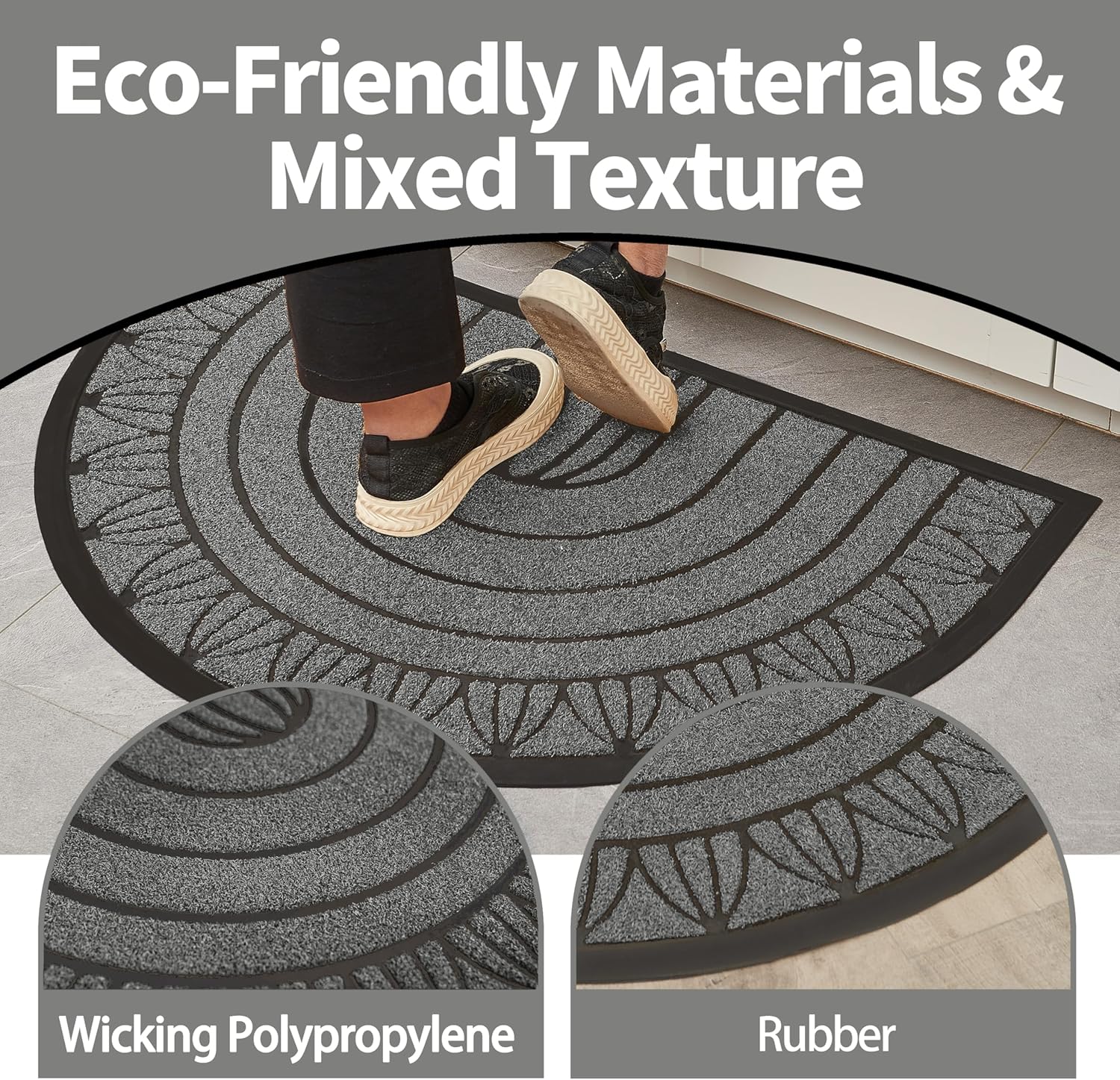 Half Round Front Door Mat - Large Size Outdoor Welcome Mats for Front Door | with Non-Slip Rubber Backing - Water Resistant & Washable - Entryway Rug Outdoor - Gray