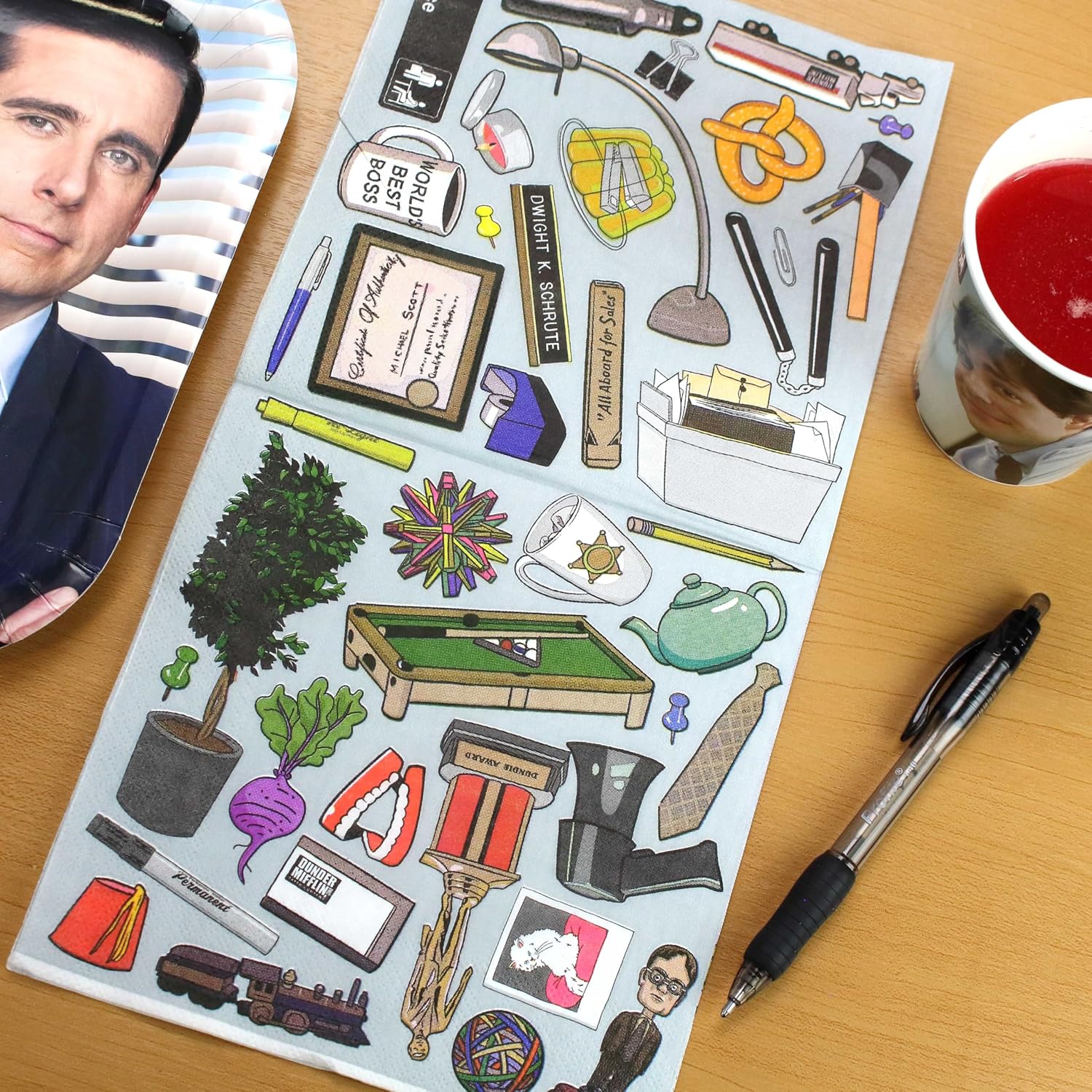 Dunder Mifflin Lunch Napkins (16 Pack), 6.5" Square Folded, Featuring Pam's Famous Watercolor Painting on the Front and a Fun Office-themed Memory Game Back