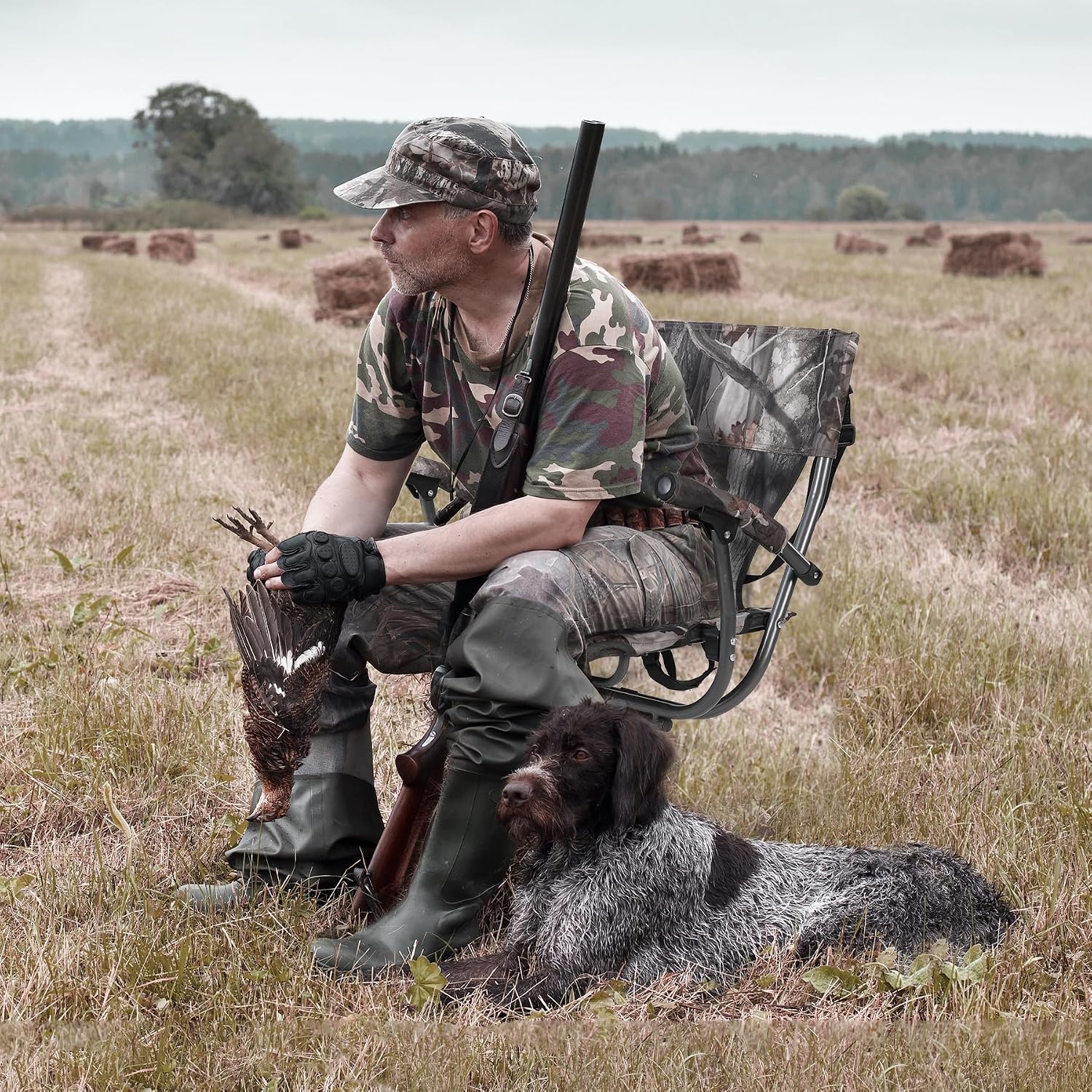REDCAMP 360° Swivel Hunting Chair with Adjustable Feet for Ground Blinds, Portable Folding Camo Camping Chairs for Adults Hunting Seats with Hard Arms for Fishing Camping